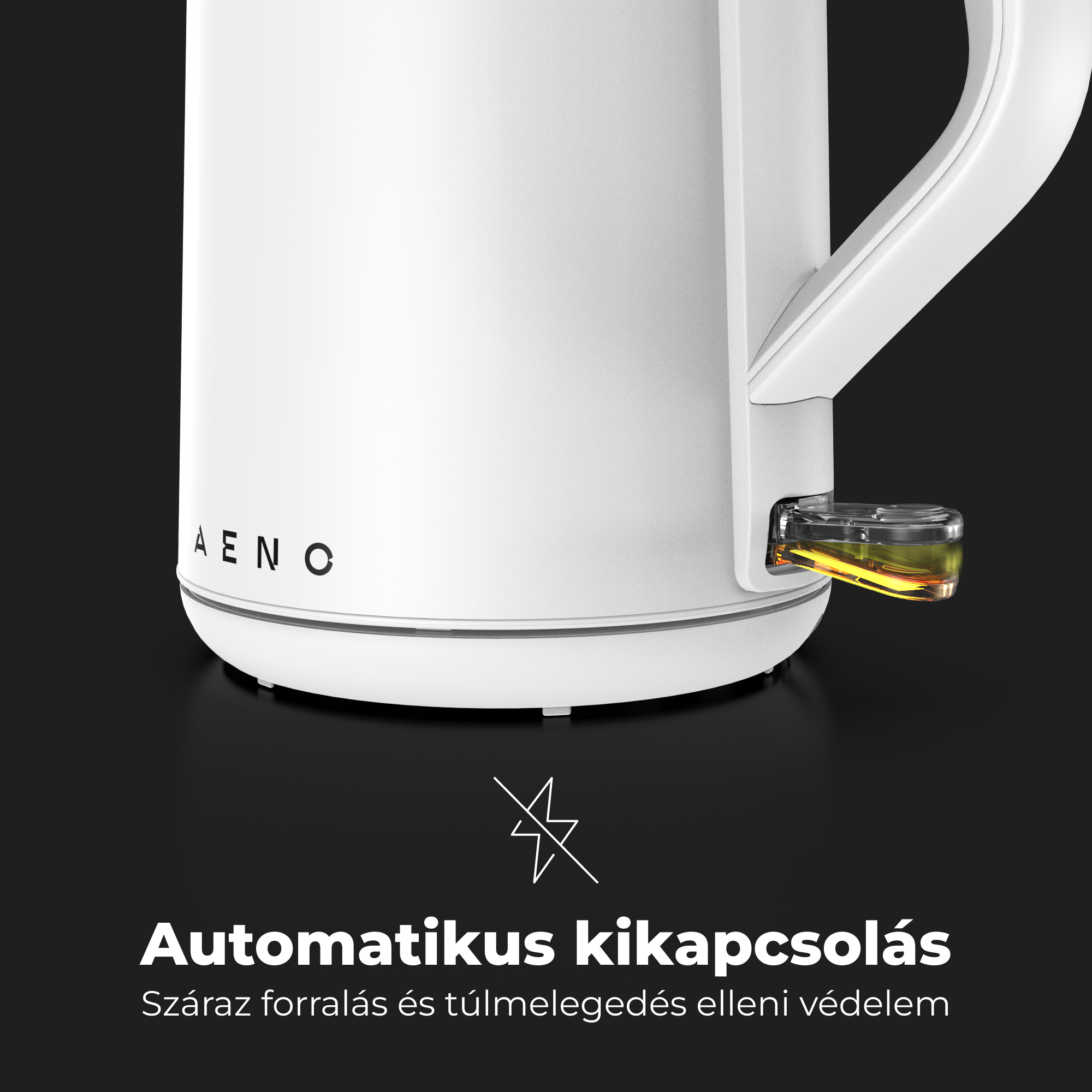 Fehér elektromos vízforraló, szöveggel: 'AUTOMATIKUS KIKAPCSOLÁS' és logó. Fekete háttér.