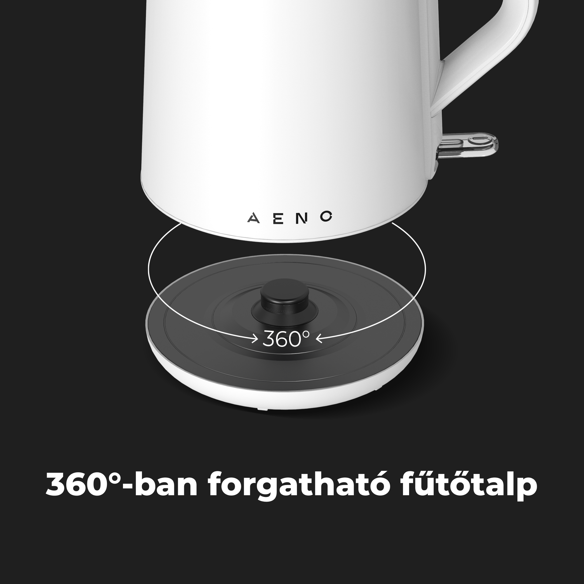 Egy fehér elektromos vízforraló fekete felületen. Az alja 360°-os forgatással van feliratozva.