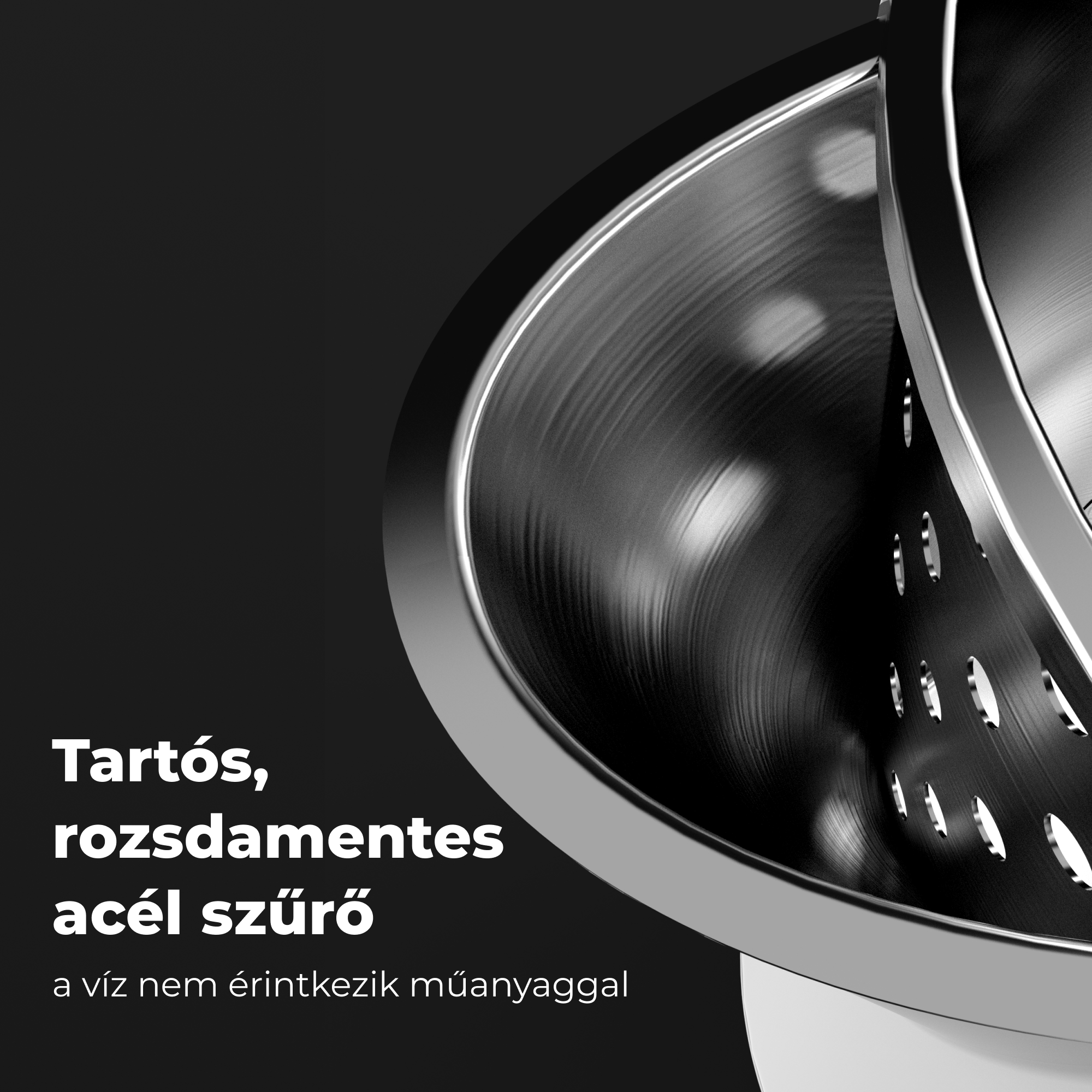 Rozsdamentes acélszűrő konyhai készülékhez. A szöveg szerint tartós.