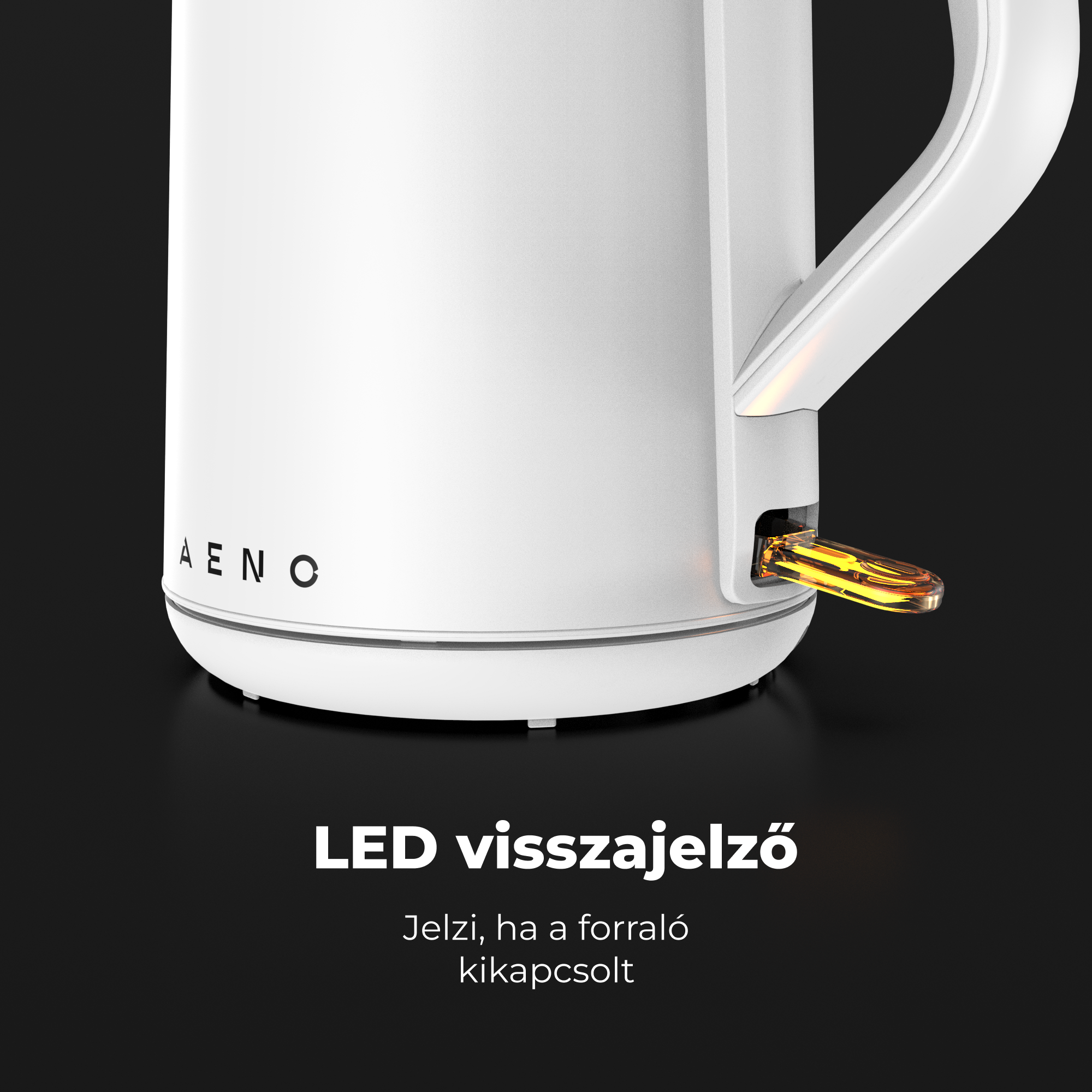 Fehér vízforraló sárga LED fénnyel. Fekete háttér.