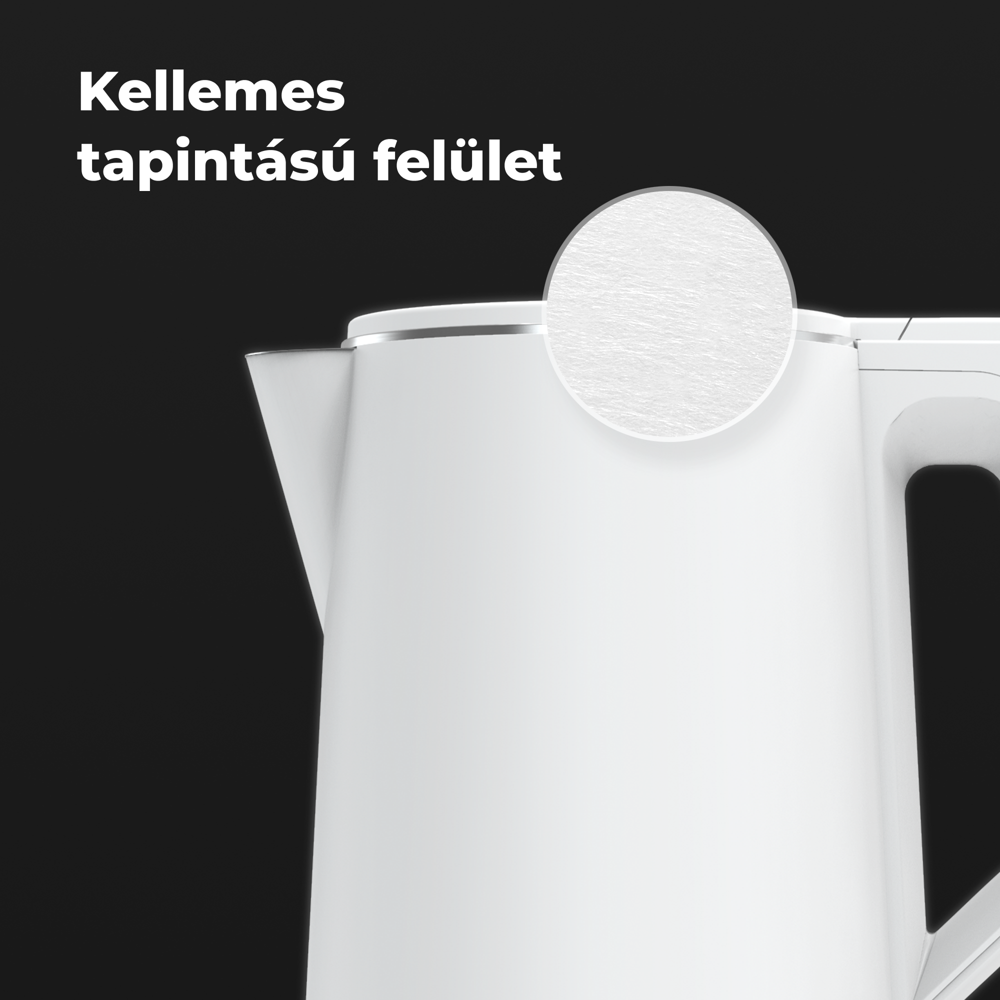 Egy fehér elektromos vízforraló texturált felülettel és egy nagyító körrel.