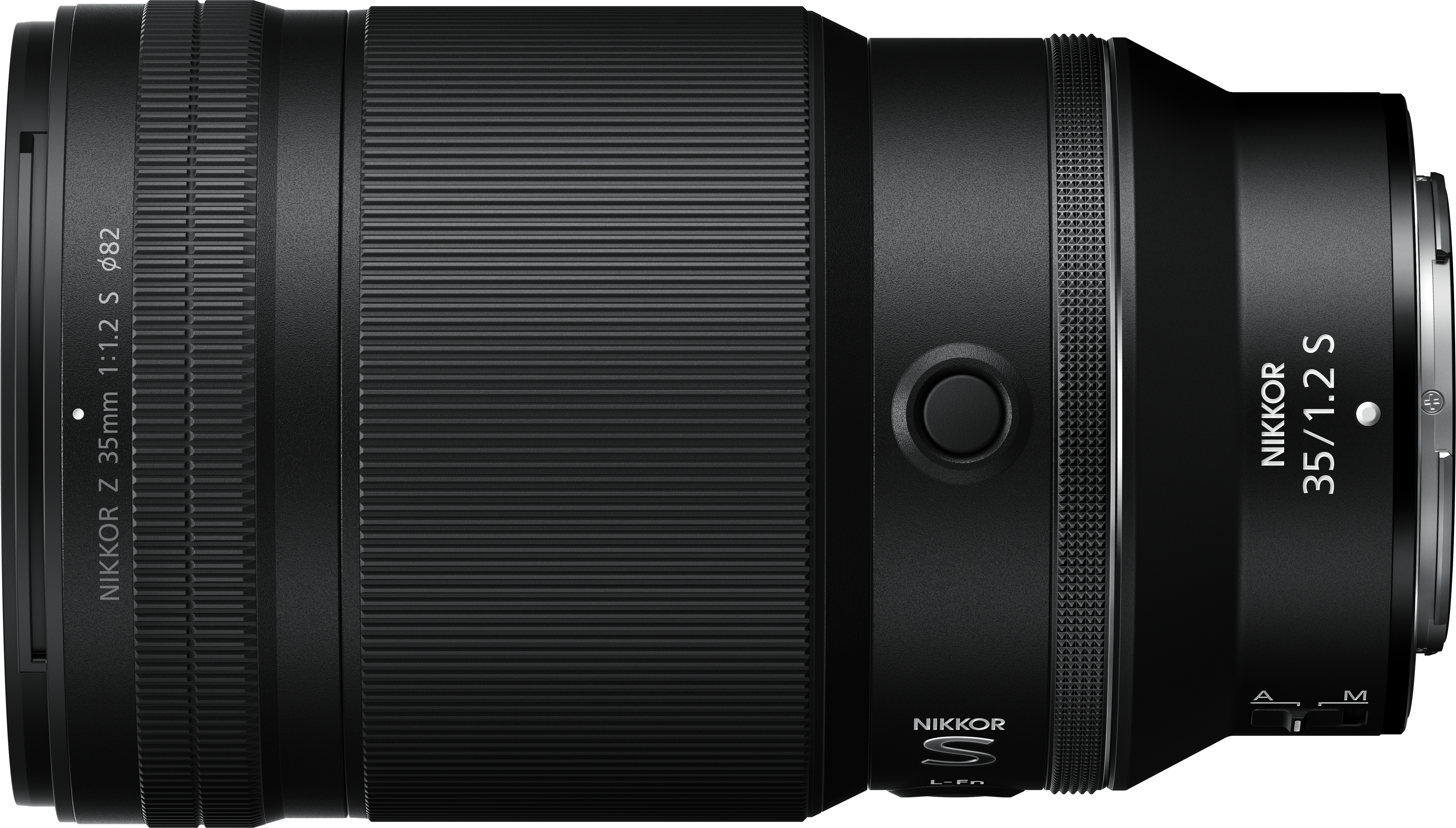 Un objectif d'appareil photo noir avec des sections nervurées et le texte "NIKKOR Z 35mm 1:1.2 S".