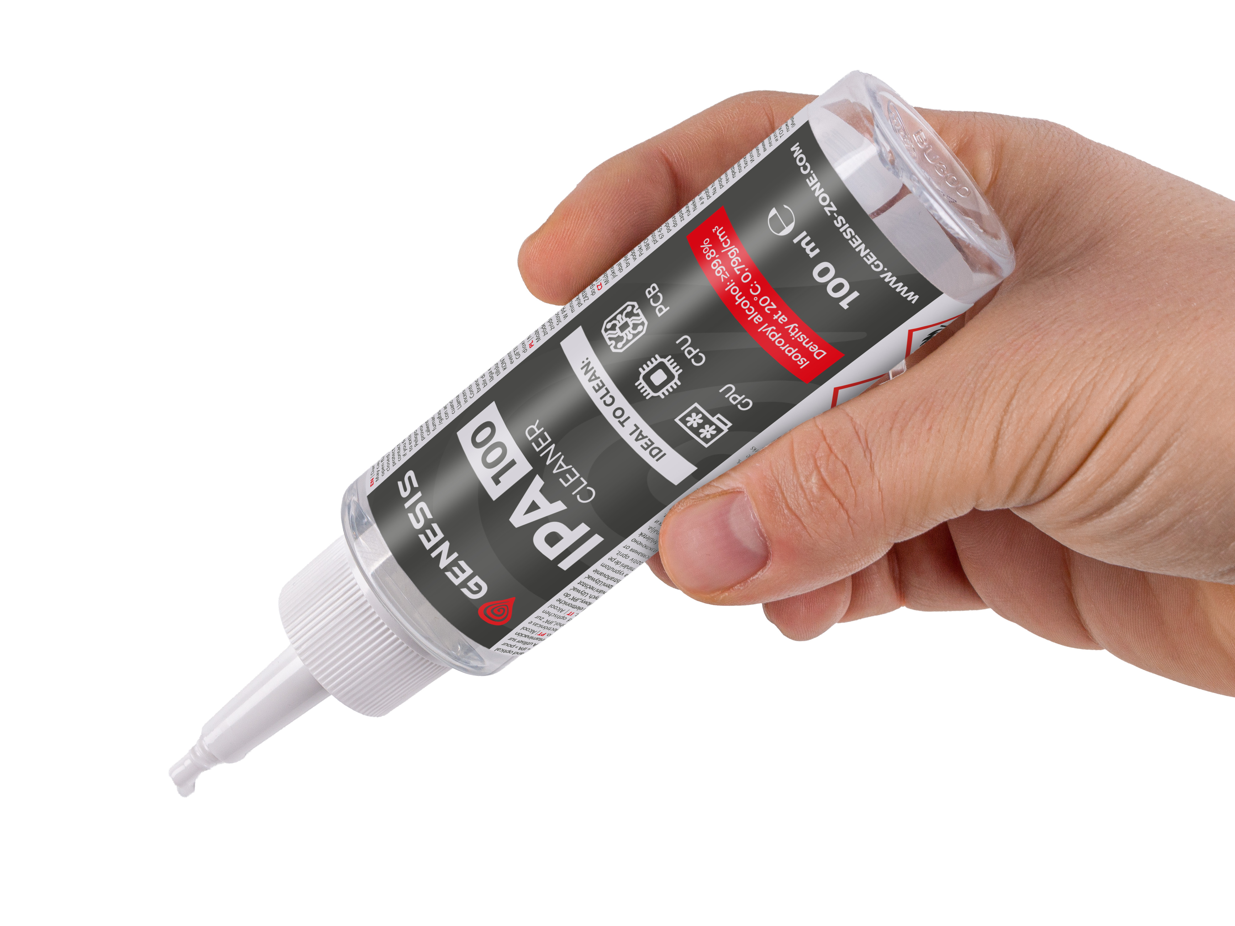 Ręka trzyma butelkę preparatu czyszczącego IPA 100.