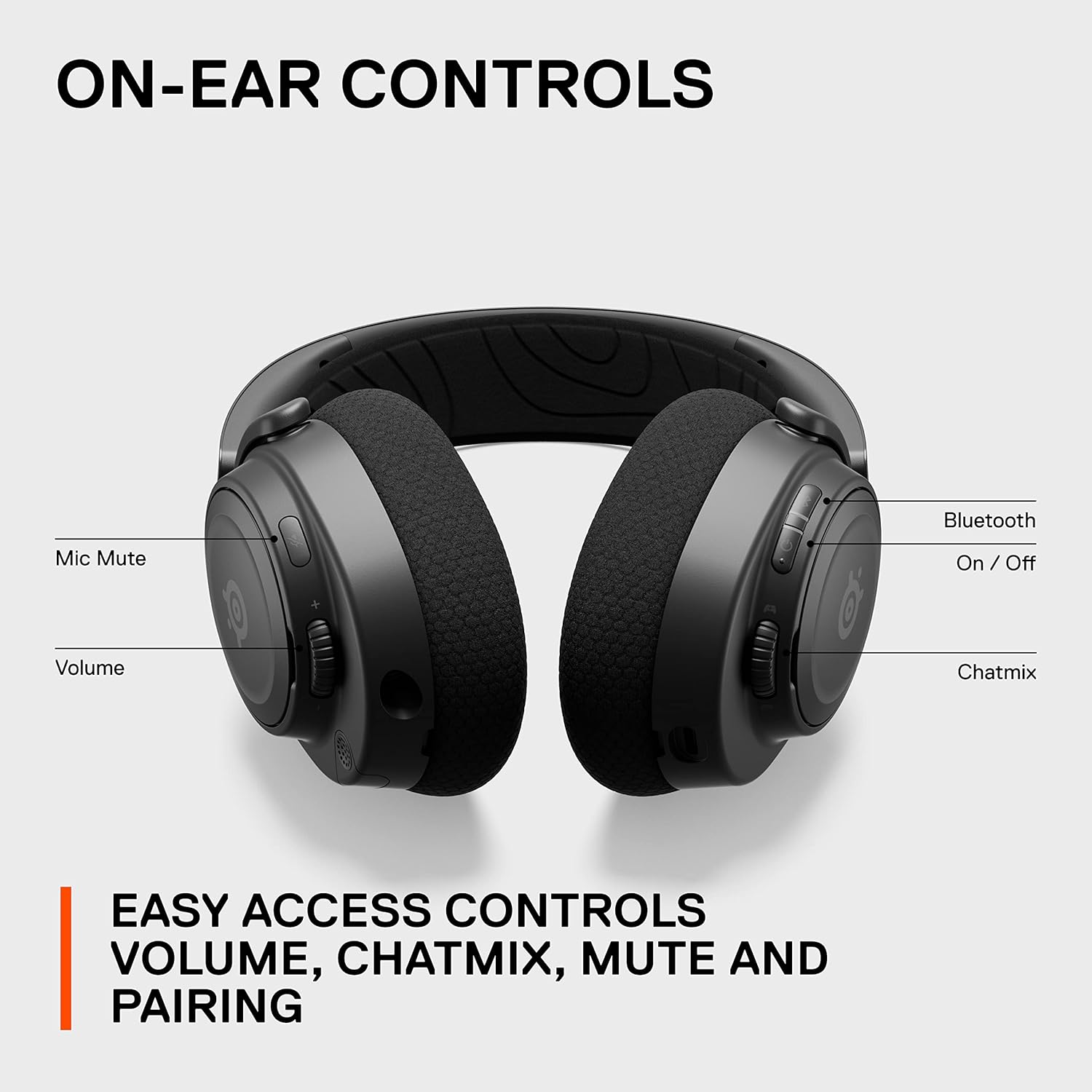 Cuffie nere con controlli on-ear, tra cui volume, chatmix, muto e Bluetooth.