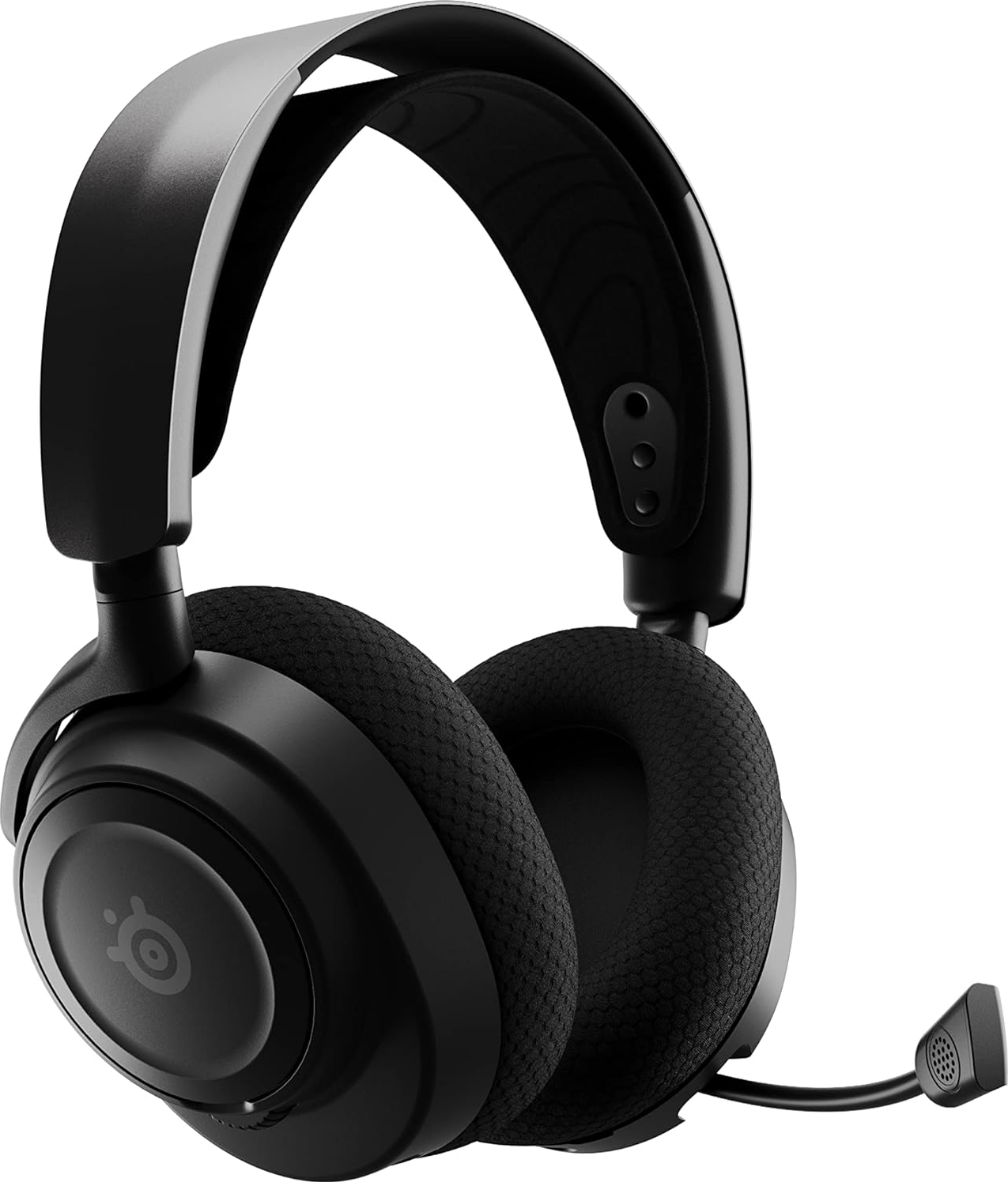 Cuffie da gioco SteelSeries nere con microfono collegato.