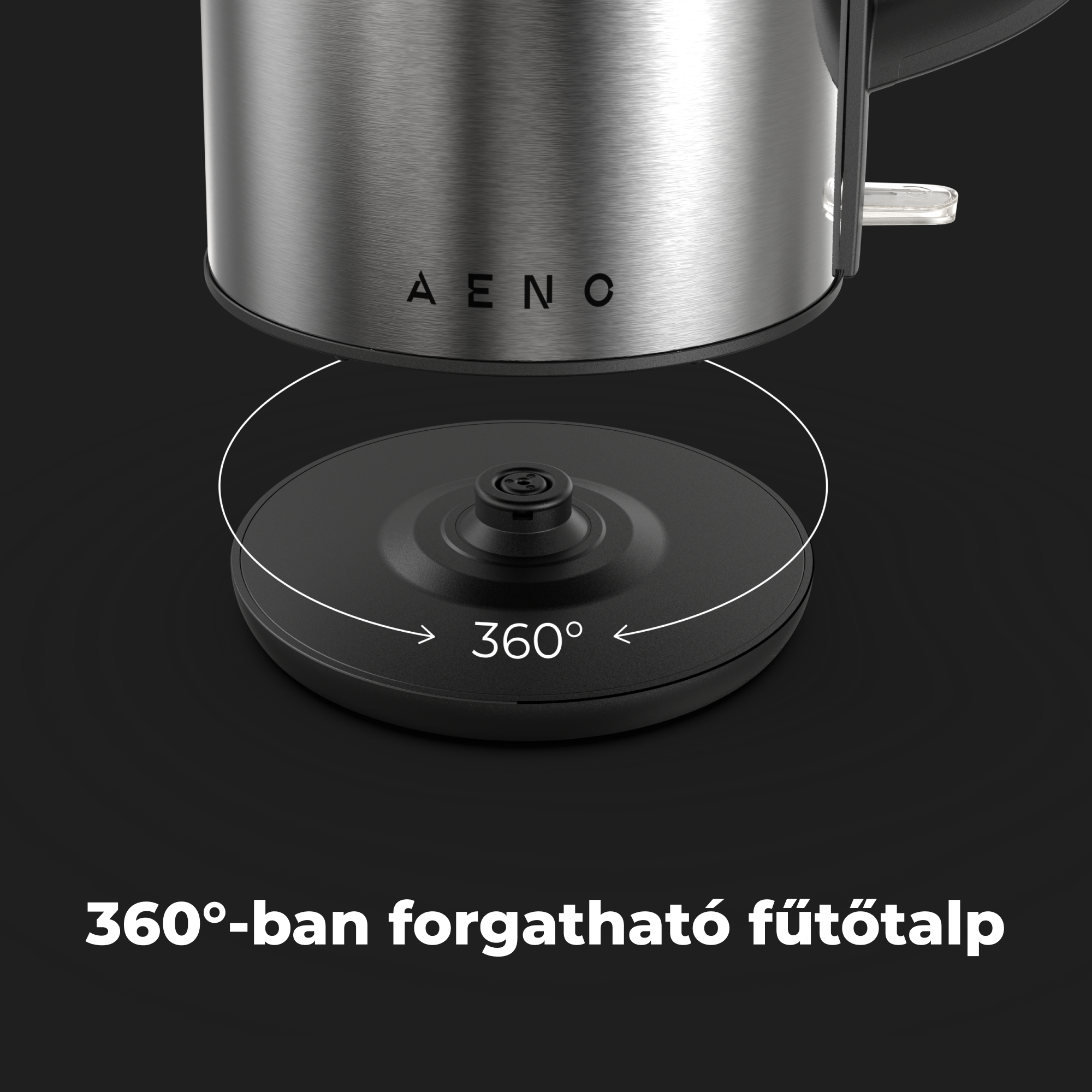 Egy vízforraló fekete talpa 360 fokos forgatási jelzővel, fekete háttér előtt.
