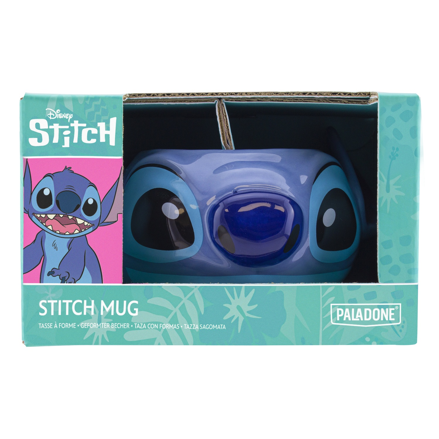 Box with a blue Stitch mug inside, with Stitch illustration on the side, on a white surface.