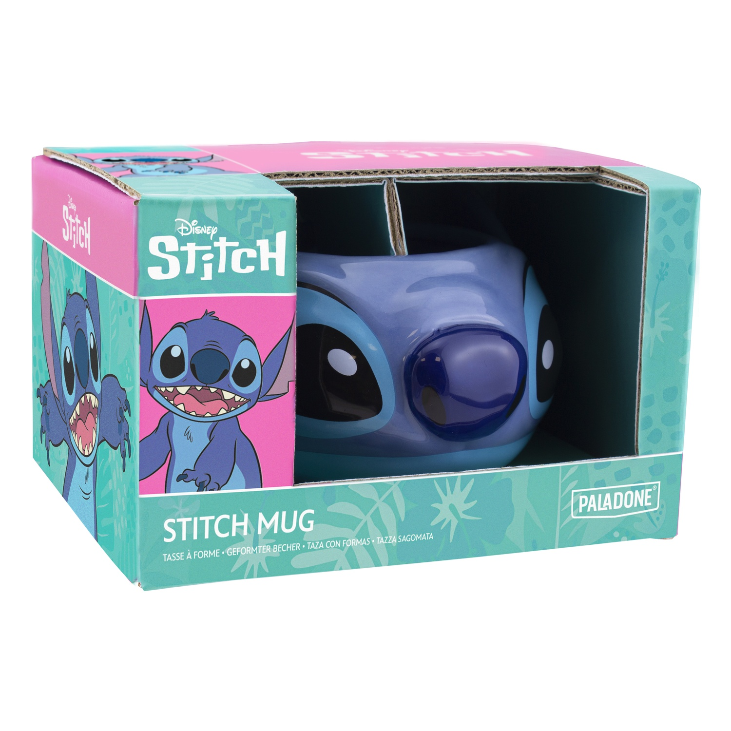 Stitch mug in a box. The mug is blue with Stitch's face. The box has Stitch images.