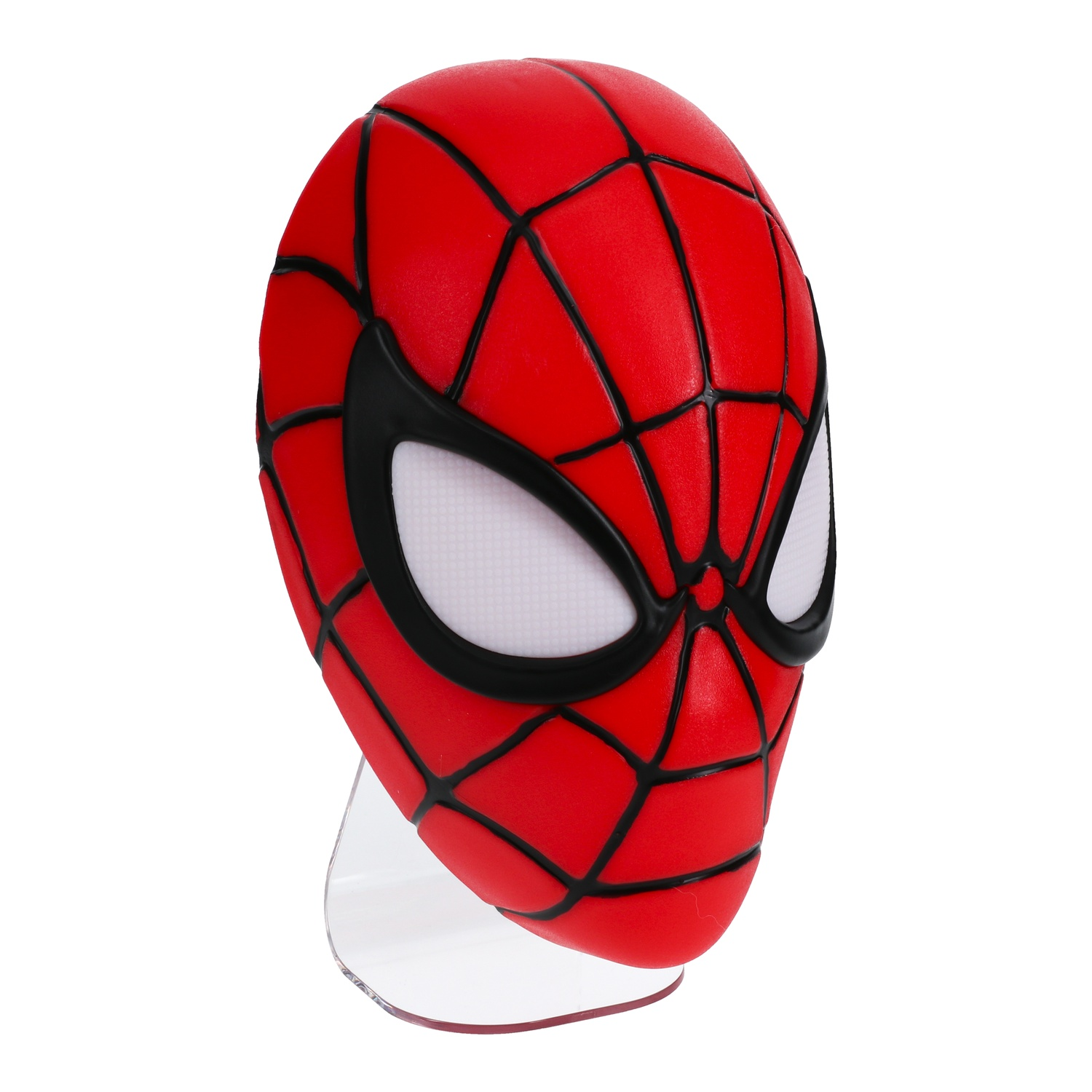 Spider-Man masker op een doorzichtige standaard, rood en zwart. Witte ogen en webdetails.