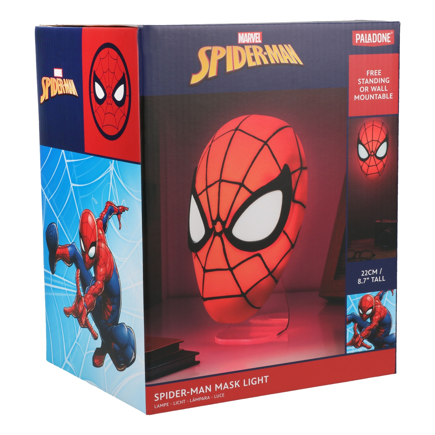 Spider-Man maskerlicht. Doos toont masker en Spider-Man. Rode en zwarte kleuren.