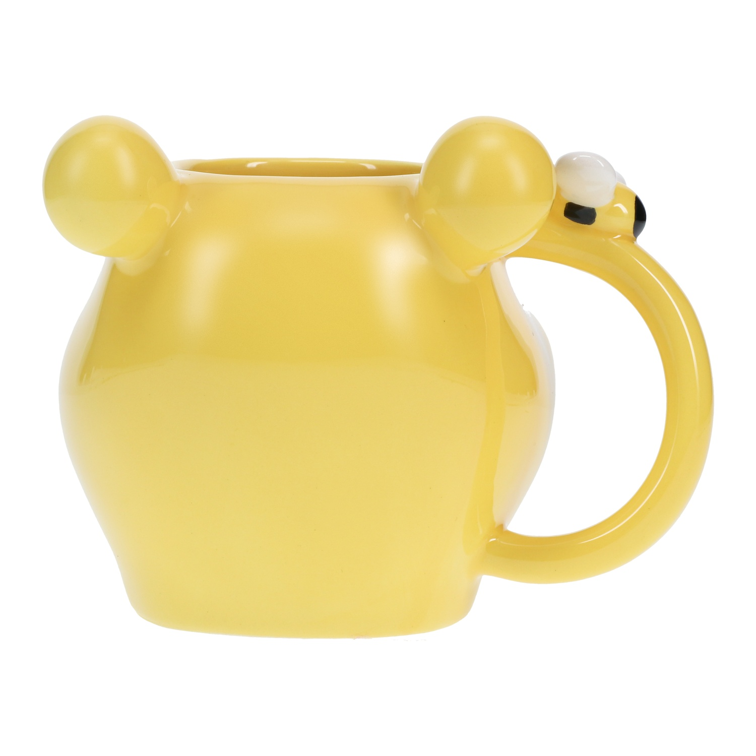 Yellow Winnie the Pooh mug with a bee on the handle. It has two ears.