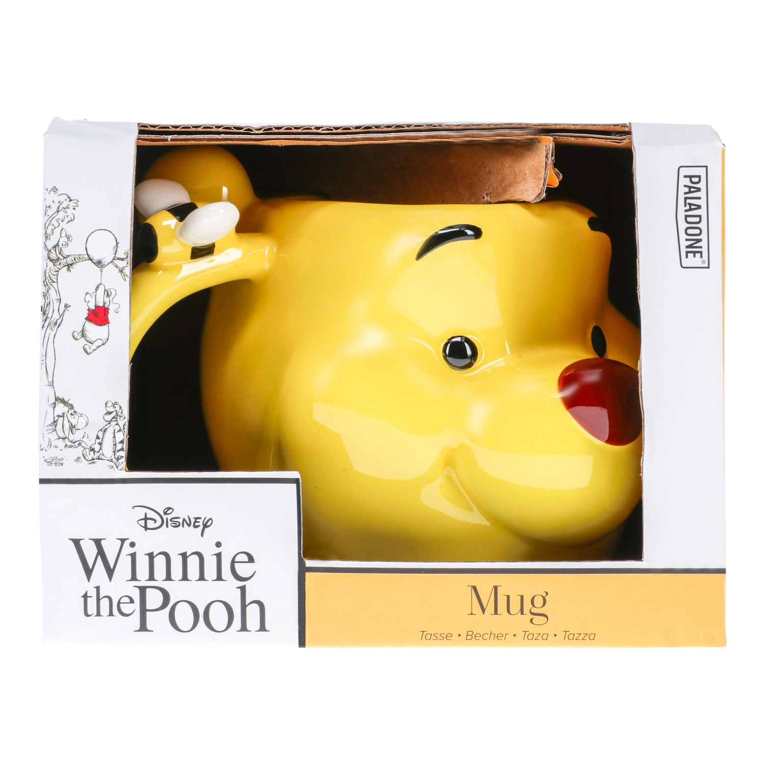 Winnie the Pooh mug in a box. The mug is yellow with Pooh's face. The box has Pooh images.