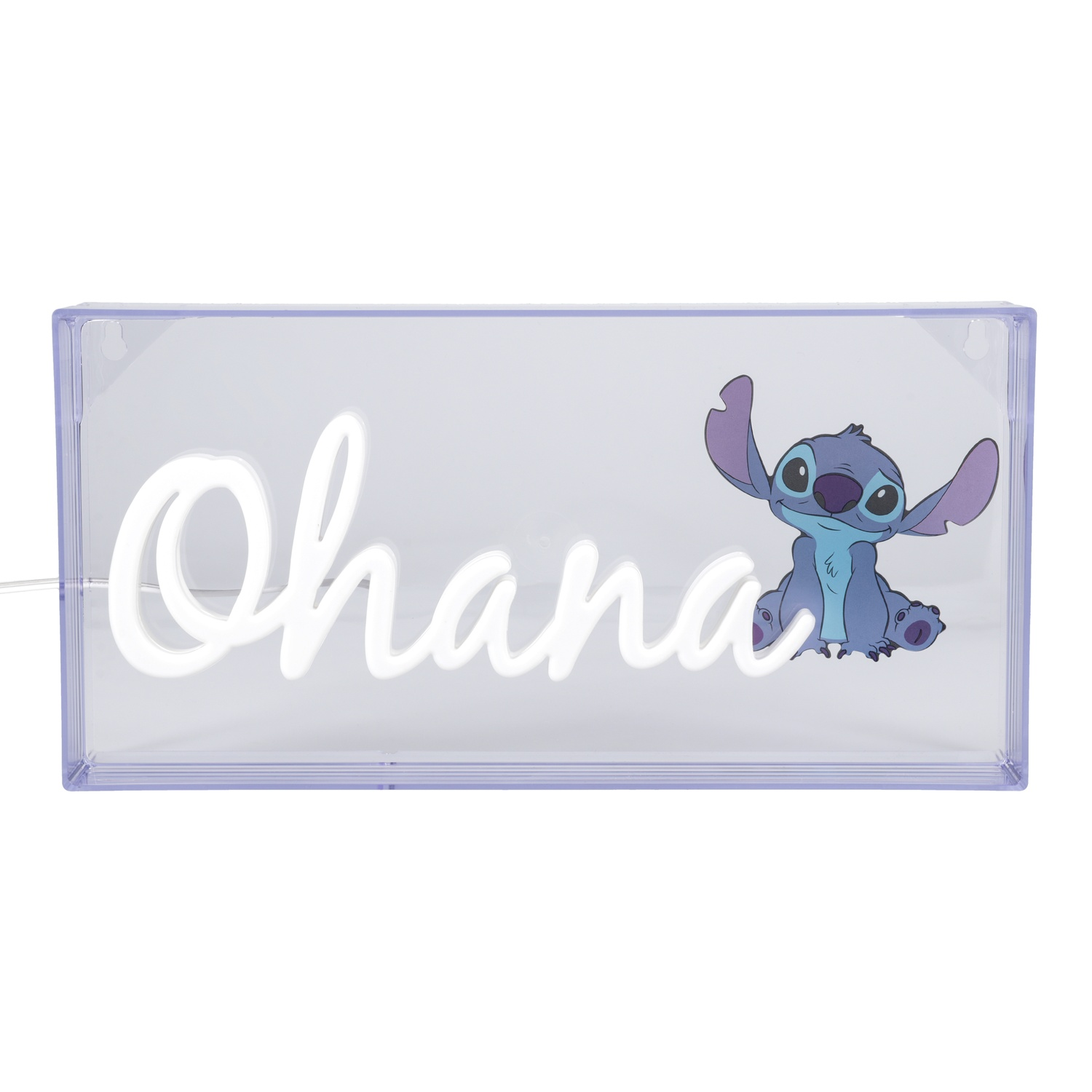 Transparante doos met het woord "Ohana" in wit neon, en Stitch rechts.