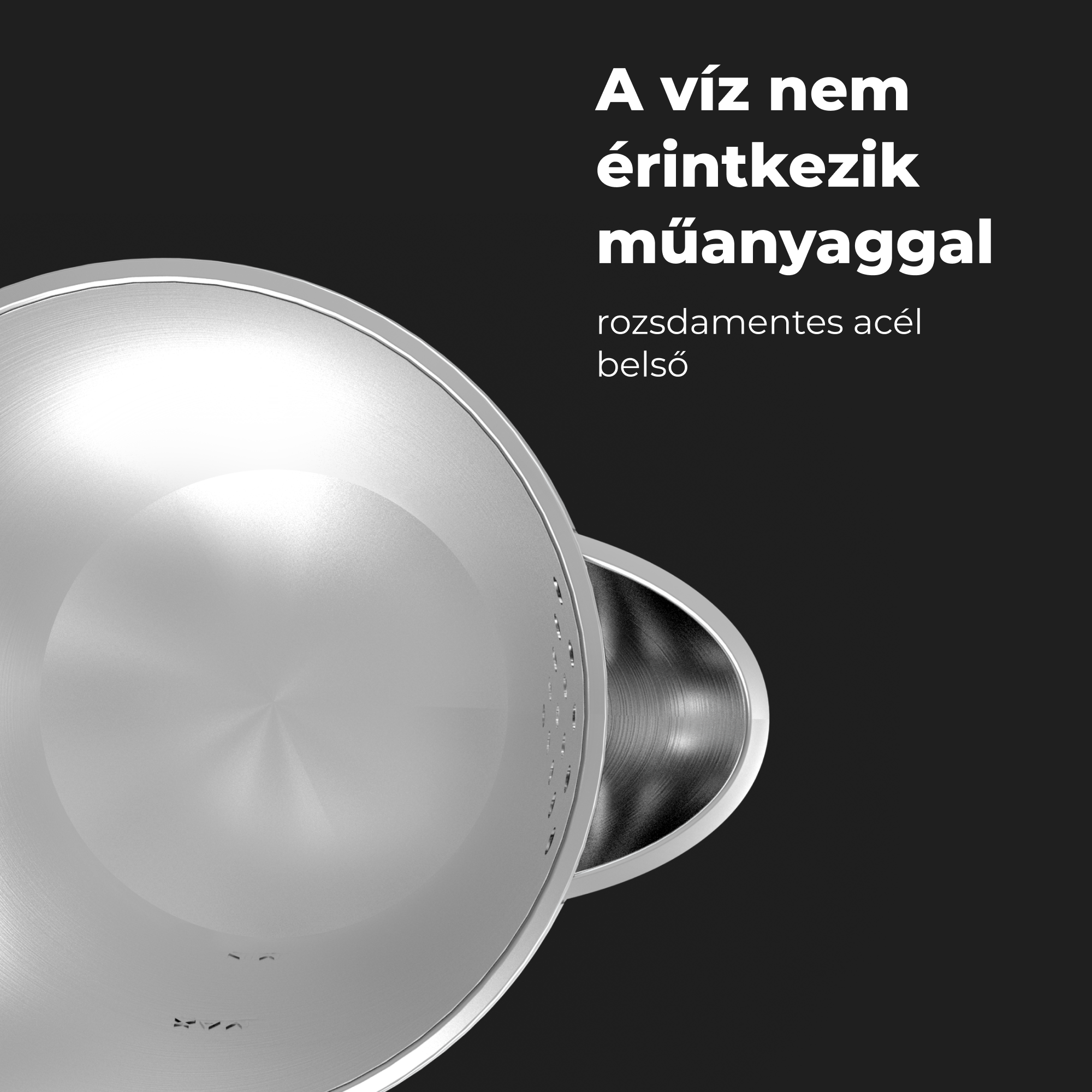 Egy rozsdamentes acél edény, amelyen szöveg szerepel a műanyaggal való érintkezésről.