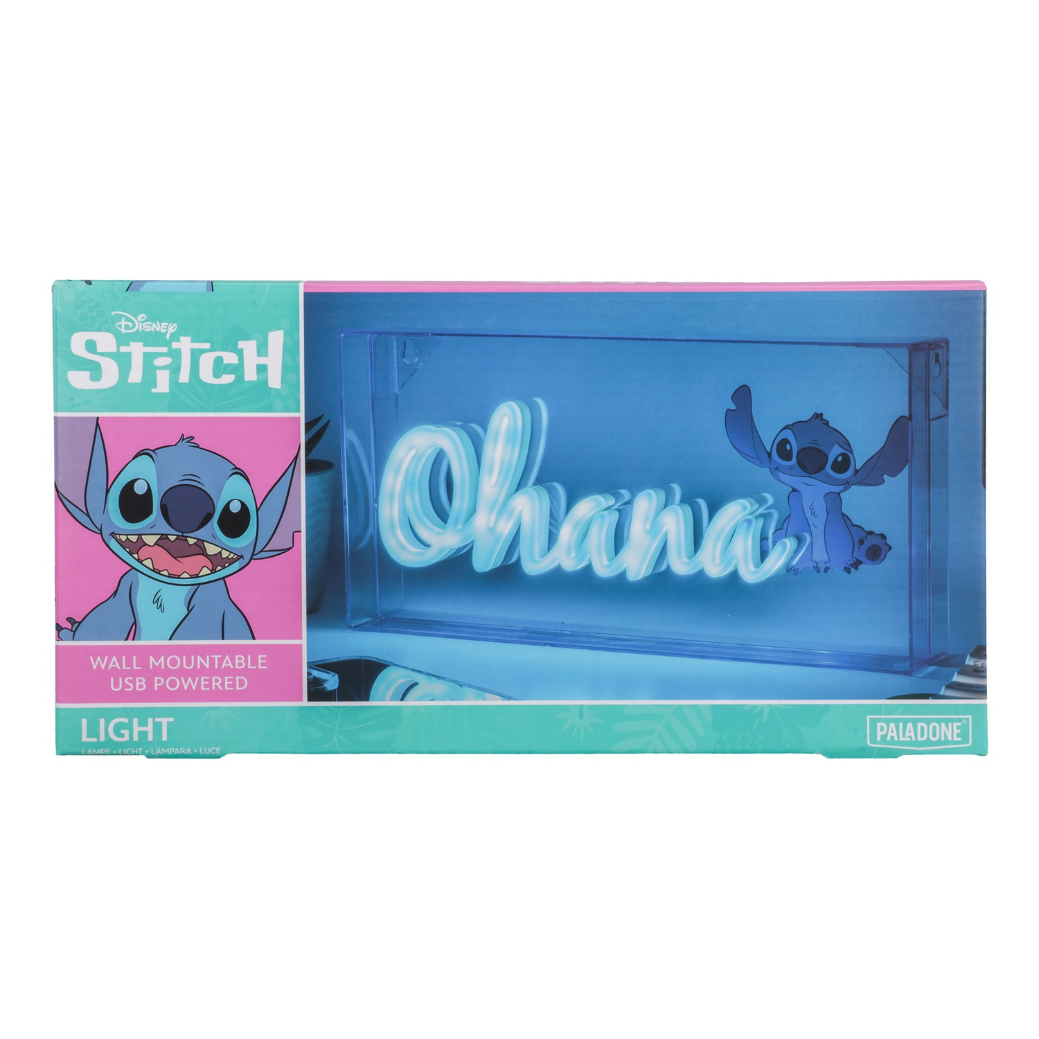 Een Disney Stitch-lamp in de verpakking, met het woord "Ohana" verlicht.