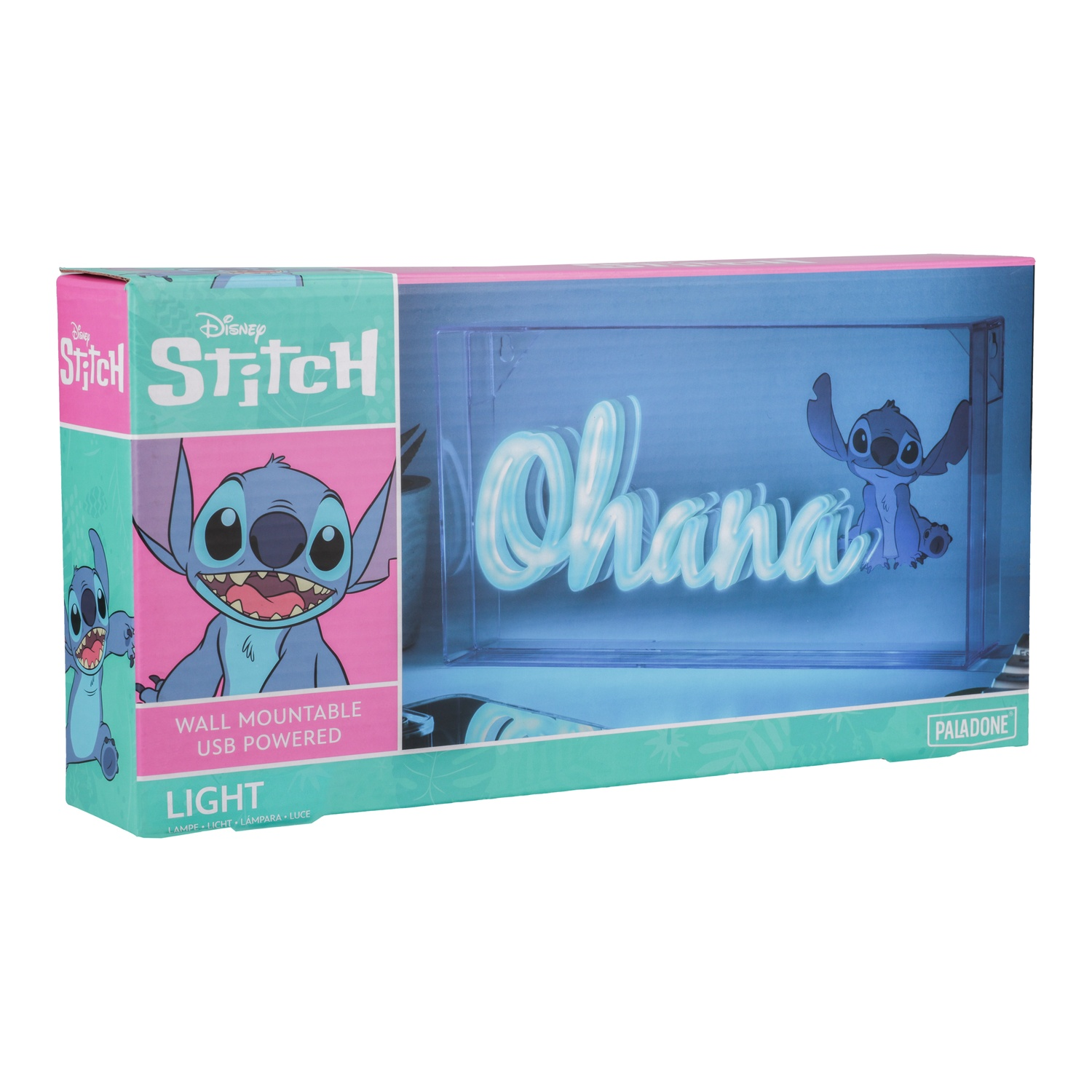 Disney Stitch lichtbak. De doos heeft het woord Ohana in neon en een afbeelding van Stitch.