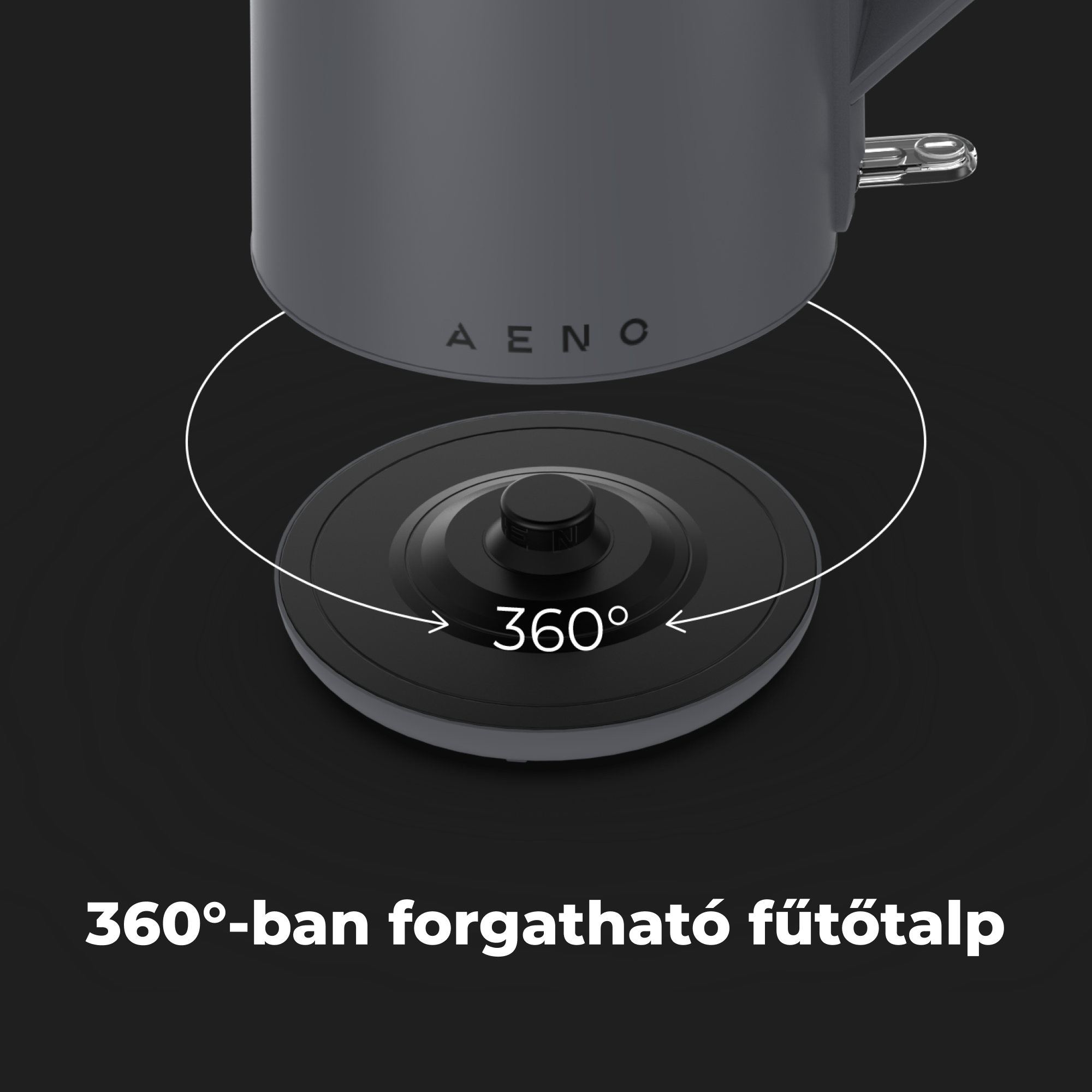 Sötétszürke elektromos vízforraló fekete alapon, 360 fokban forgatható tárcsával és szöveggel.
