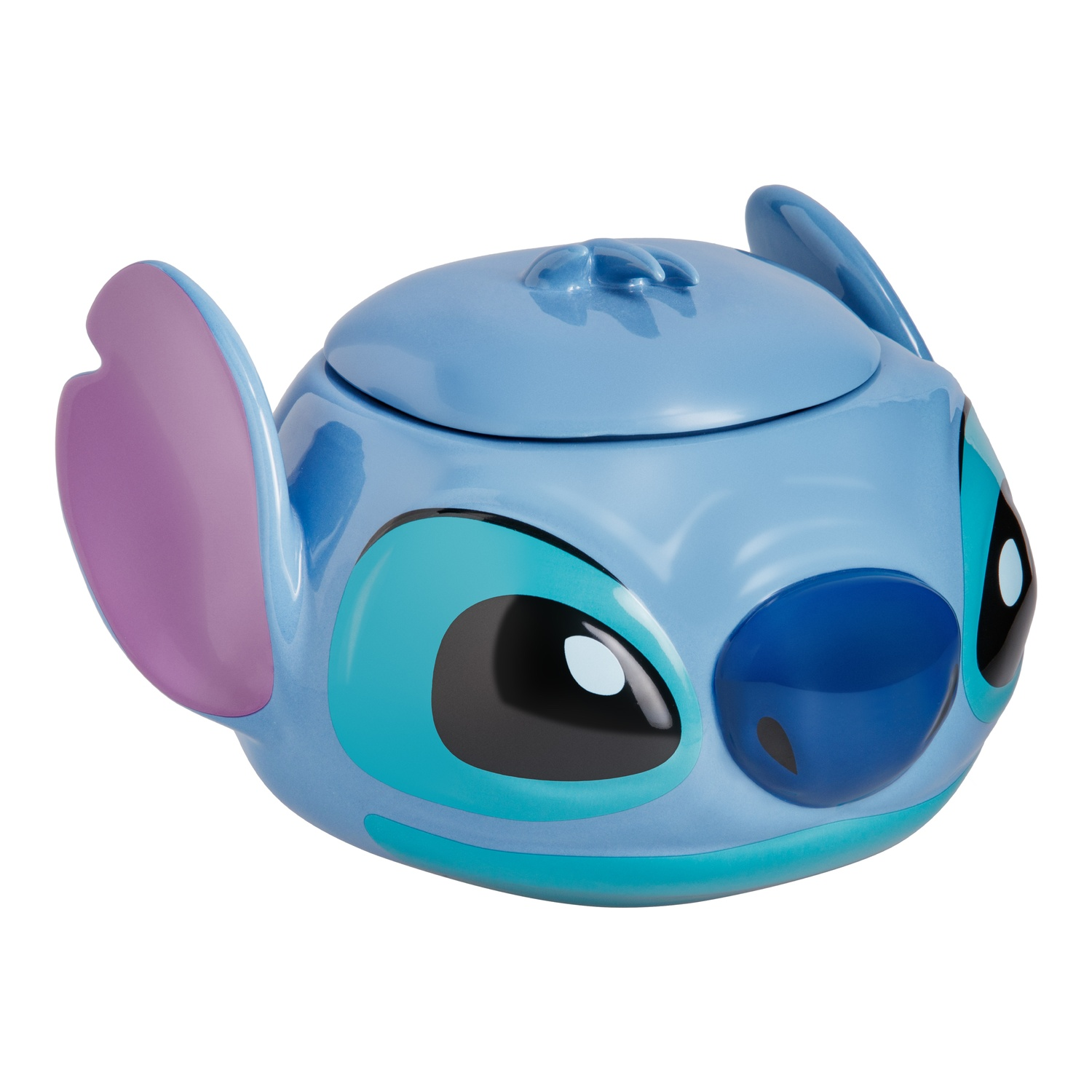 A blue Stitch-shaped cookie jar with a lid and large ears, on a white background.