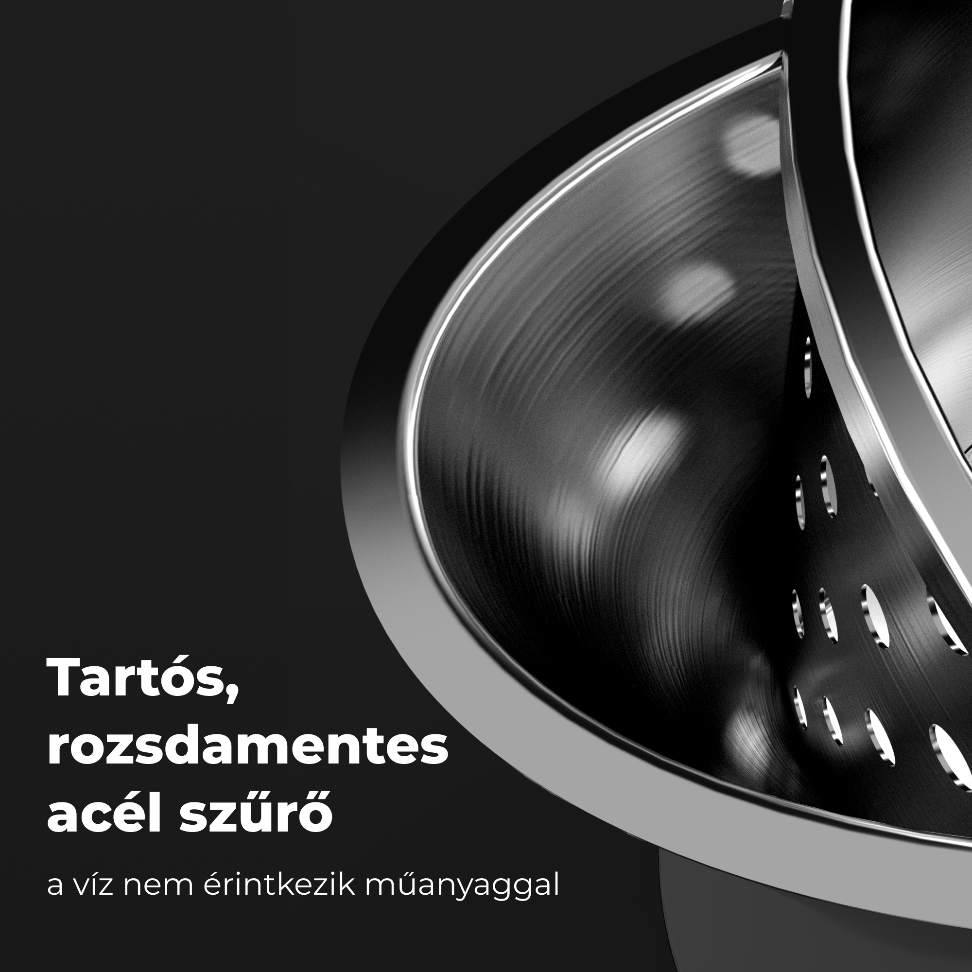 Rozsdamentes acélszűrő részlete, fekete háttérrel.