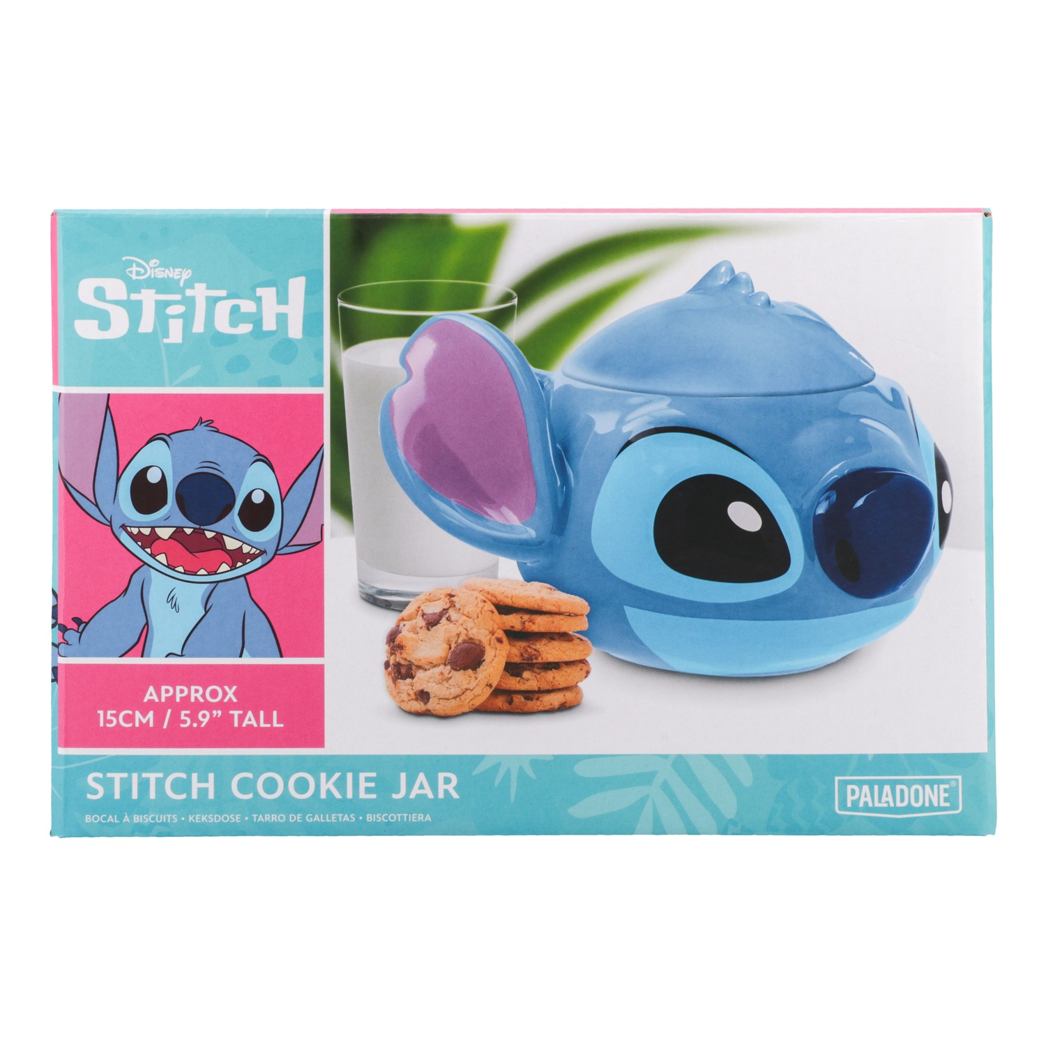 A Stitch cookie jar with cookies and a glass of milk on a white surface.