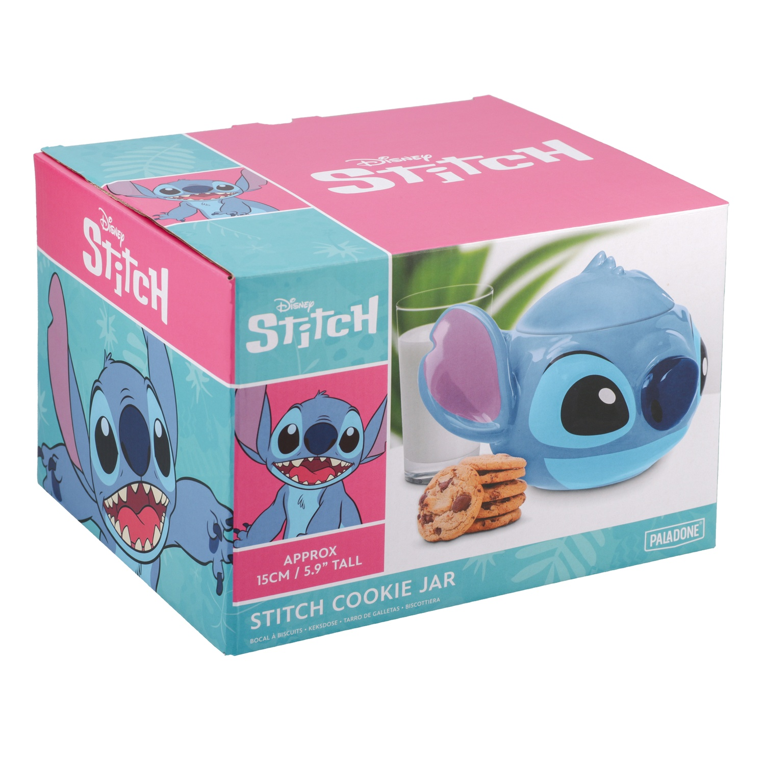 Stitch cookie jar box with image of Stitch and cookies on white background.