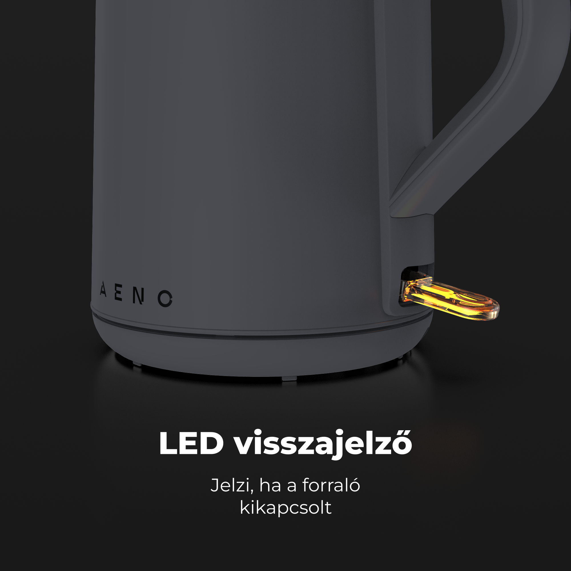 Sötétszürke elektromos vízforraló, megvilágított alappal.