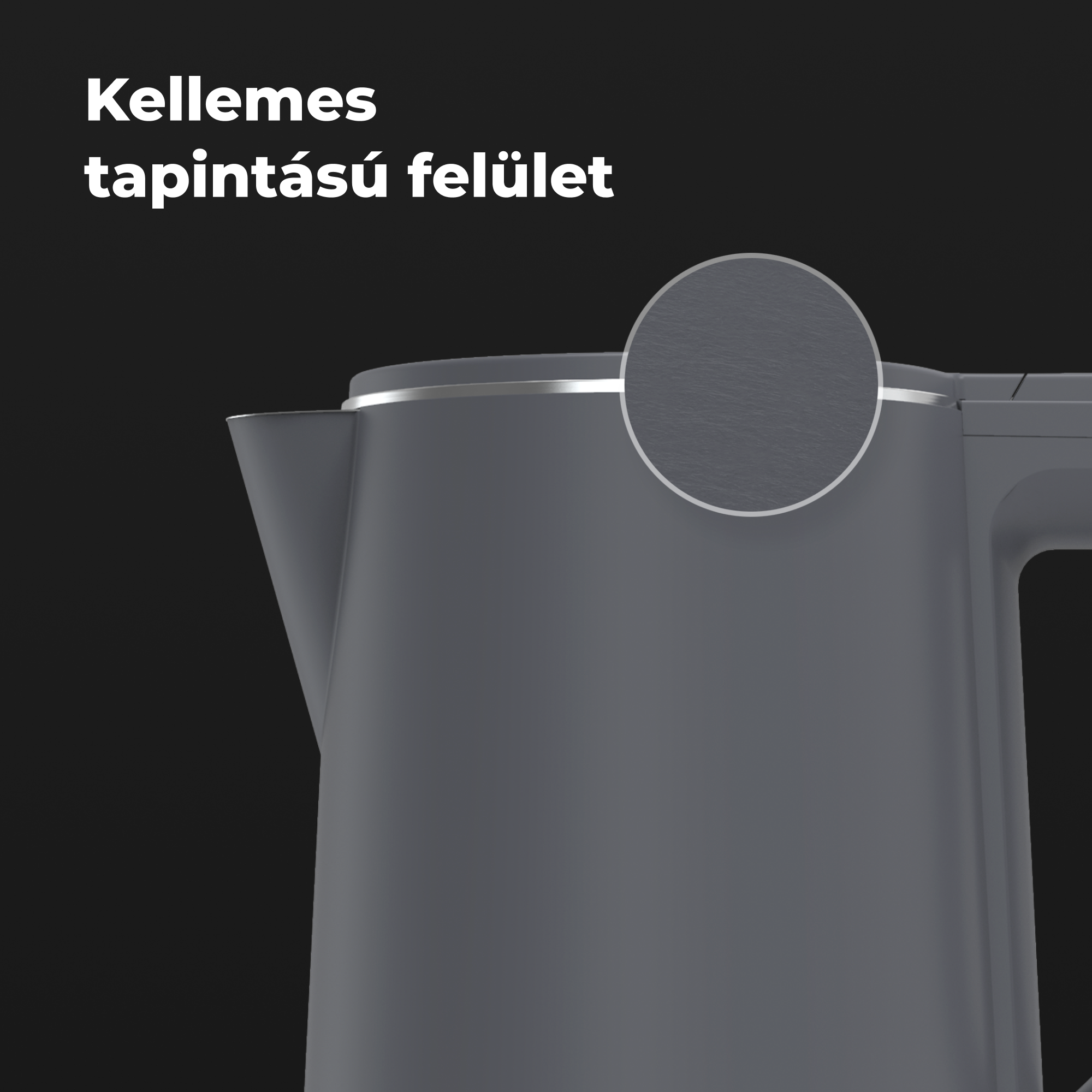 Szürke vízforraló közelről, texturált felülettel, sötét háttérrel.