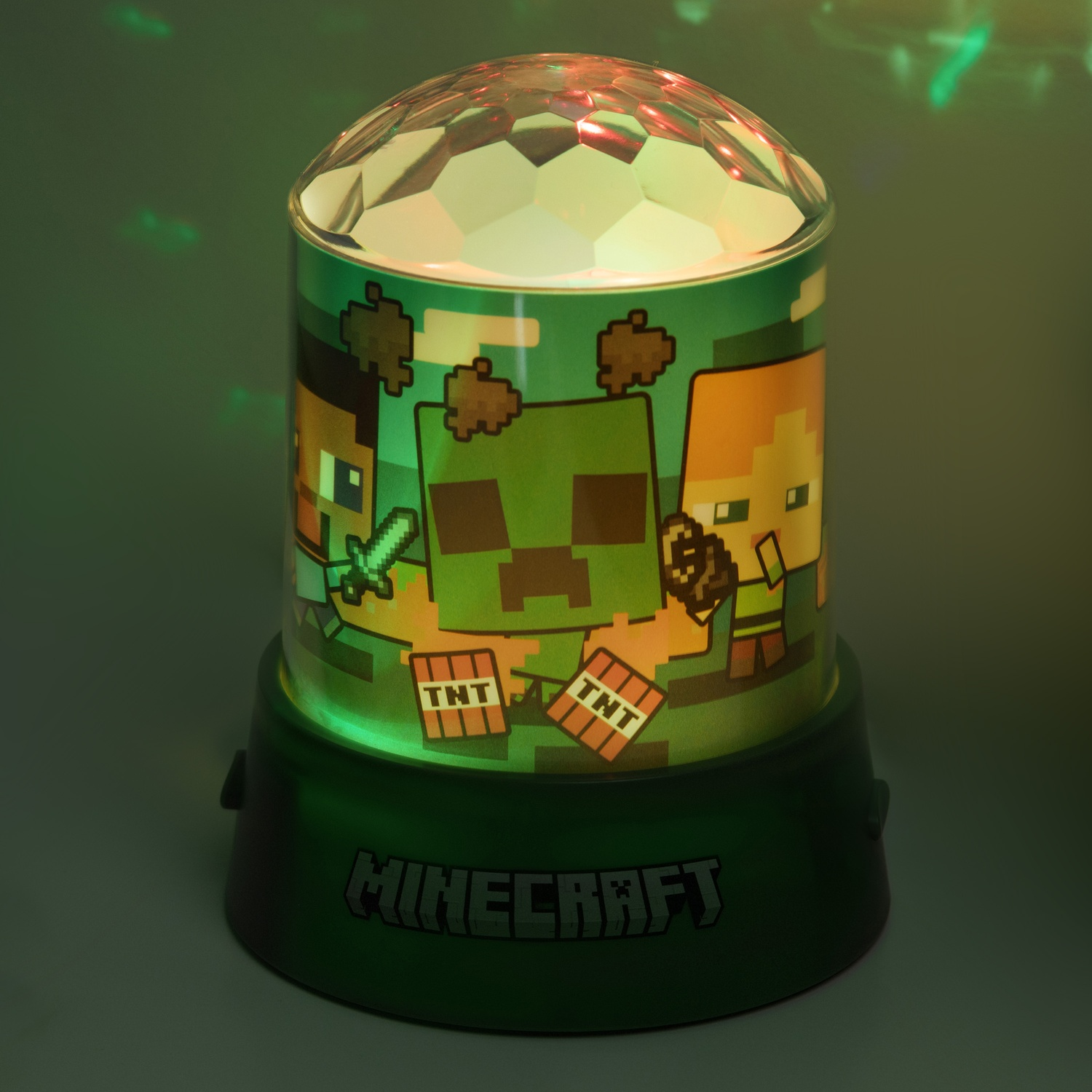 Minecraft-thema lamp met een draaiende discobal, met karakters en TNT.
