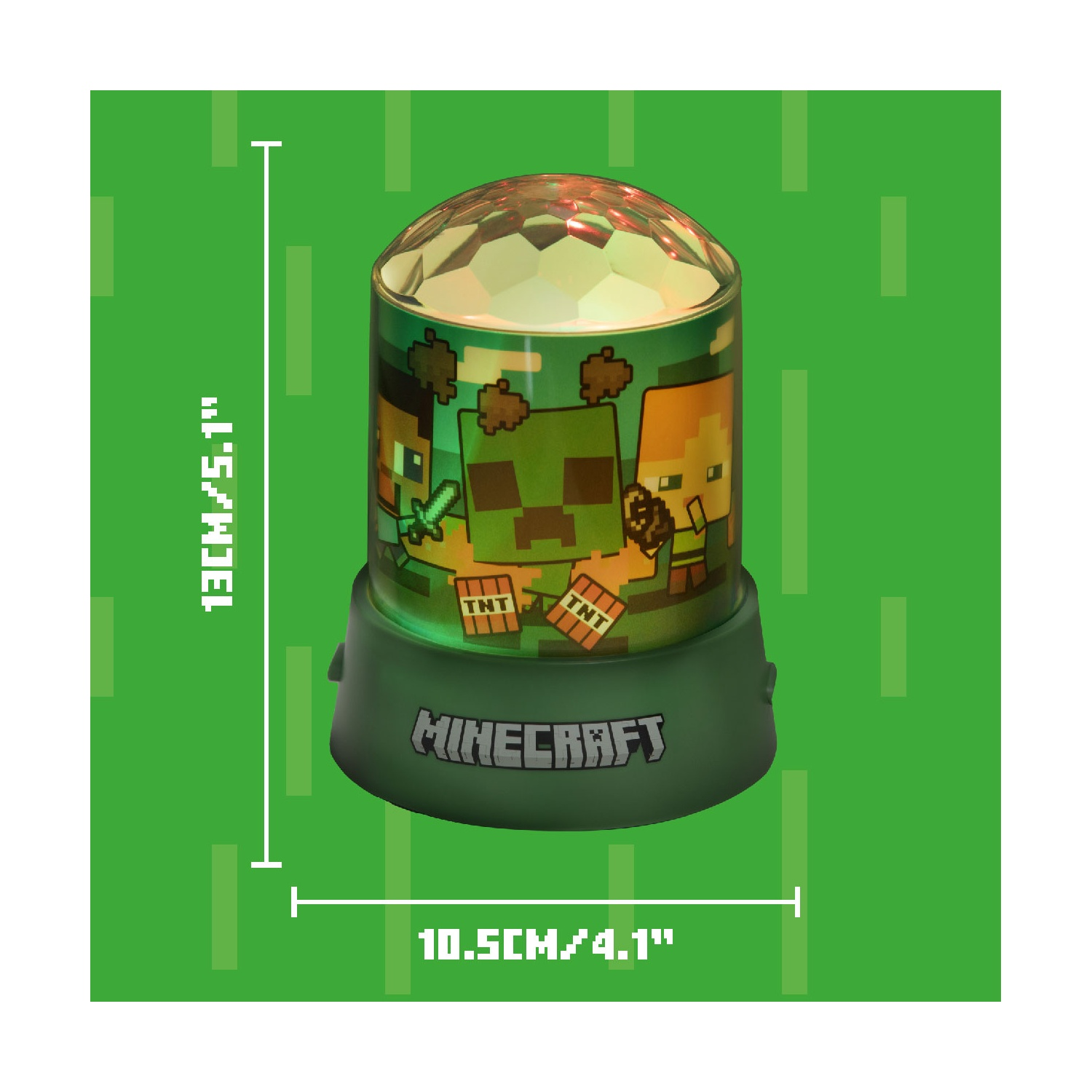Minecraft thema lamp, cilindrisch, met een groene basis en karakters aan de zijkanten.