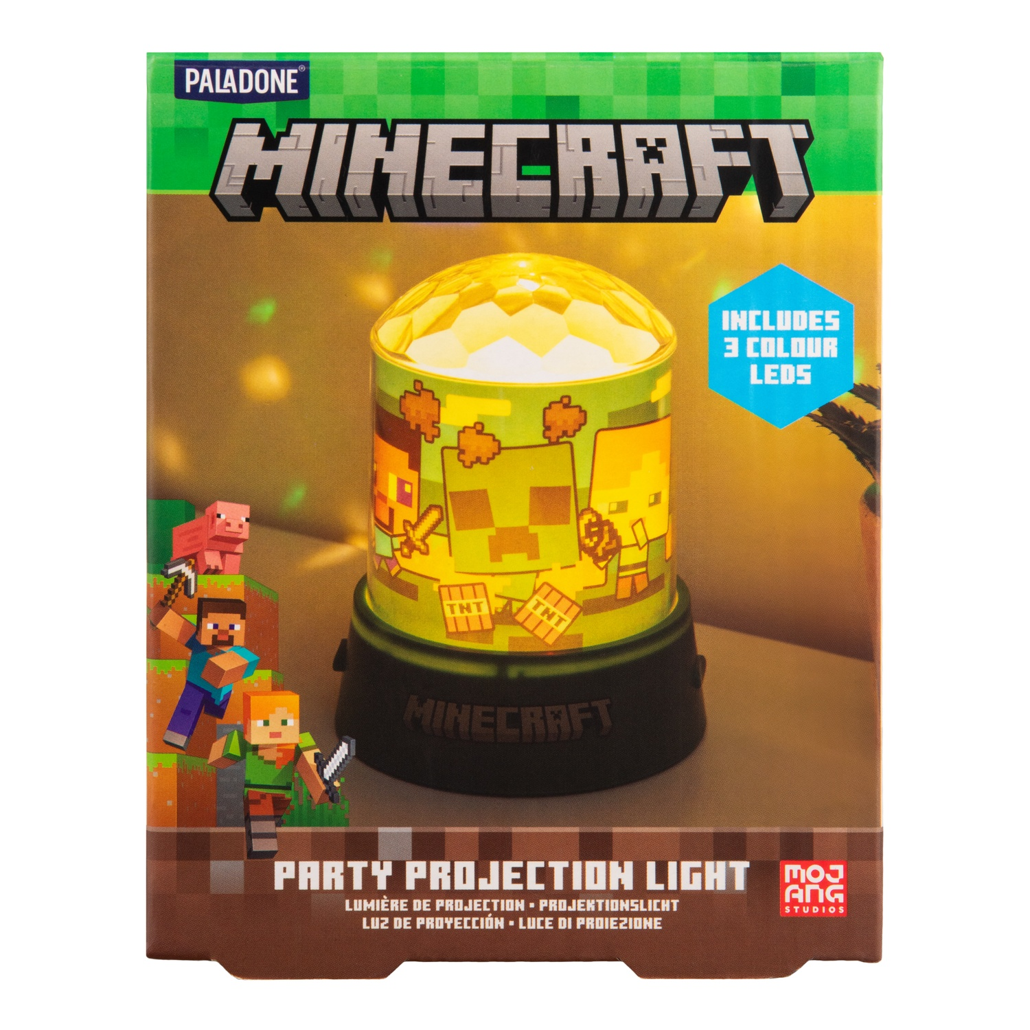 Minecraft party projectielichtbox op een witte achtergrond. Met Minecraft-personages en het merklogo.
