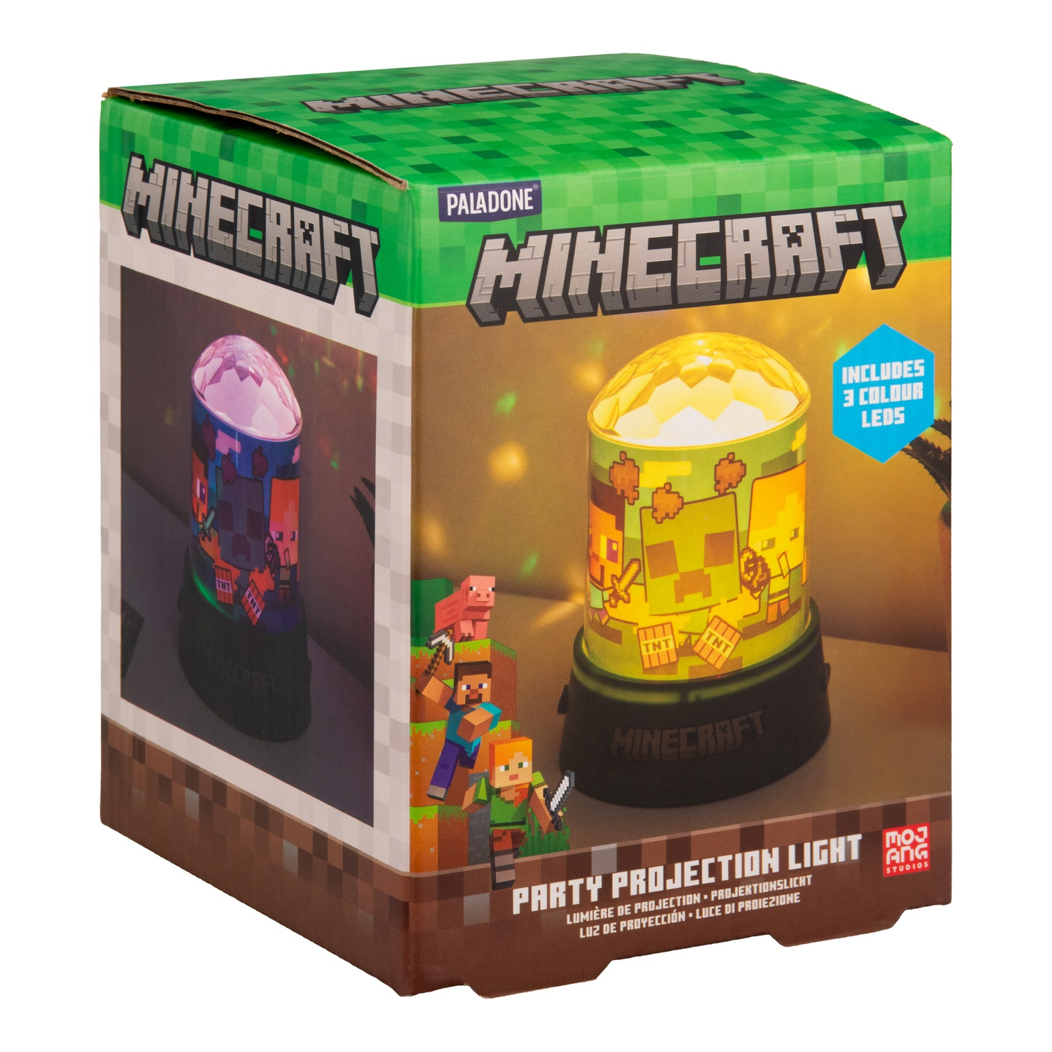 Minecraft party projectielichtbox met licht dat van binnenuit wordt geprojecteerd.