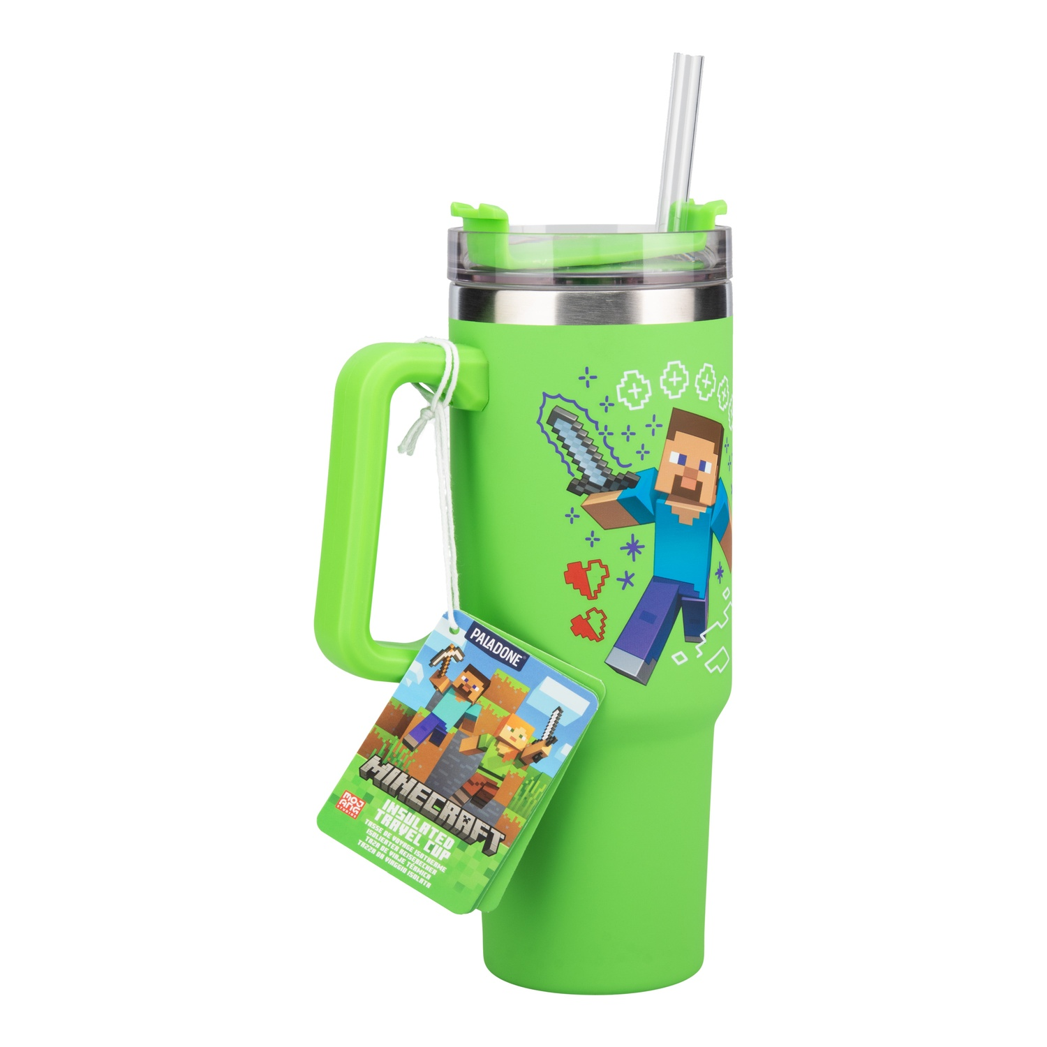 Green Minecraft tumbler with handle, Minecraft character and tag.
