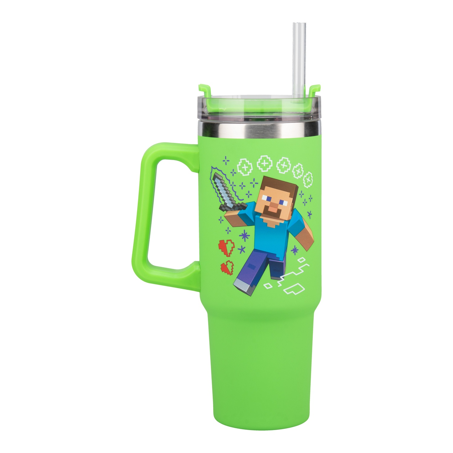 A green Minecraft themed tumbler with a Steve character and a straw.