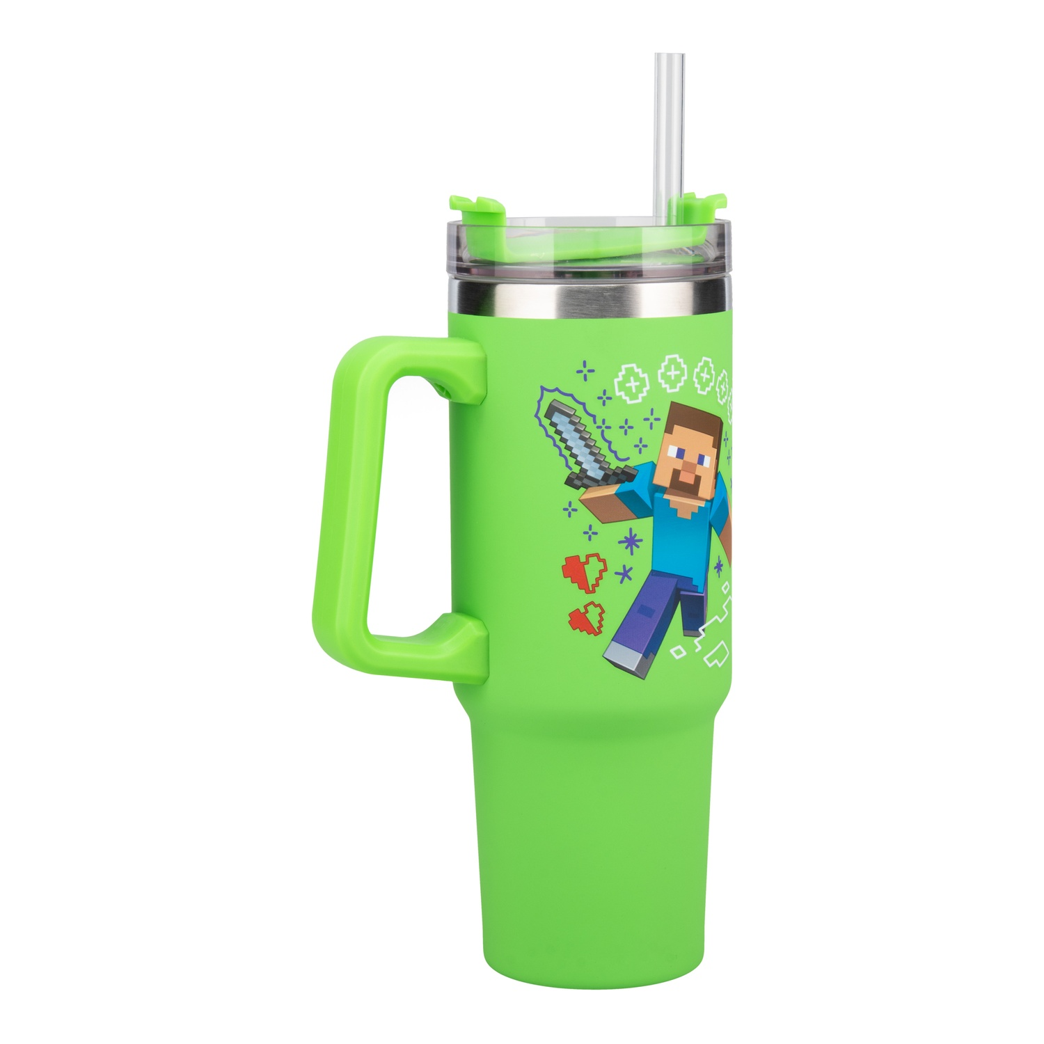 Green Minecraft tumbler, Steve graphic holding sword, straw, green handle, white background.