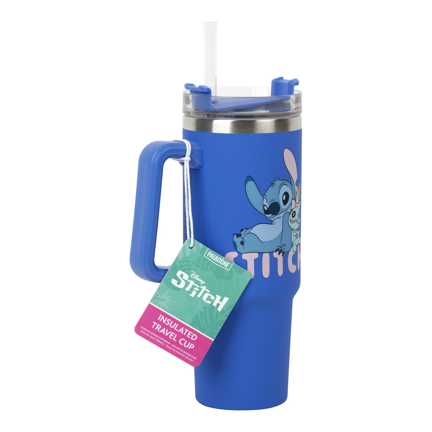 Blue Stitch travel cup with handle, straw, and tag. Stitch graphic on the side.