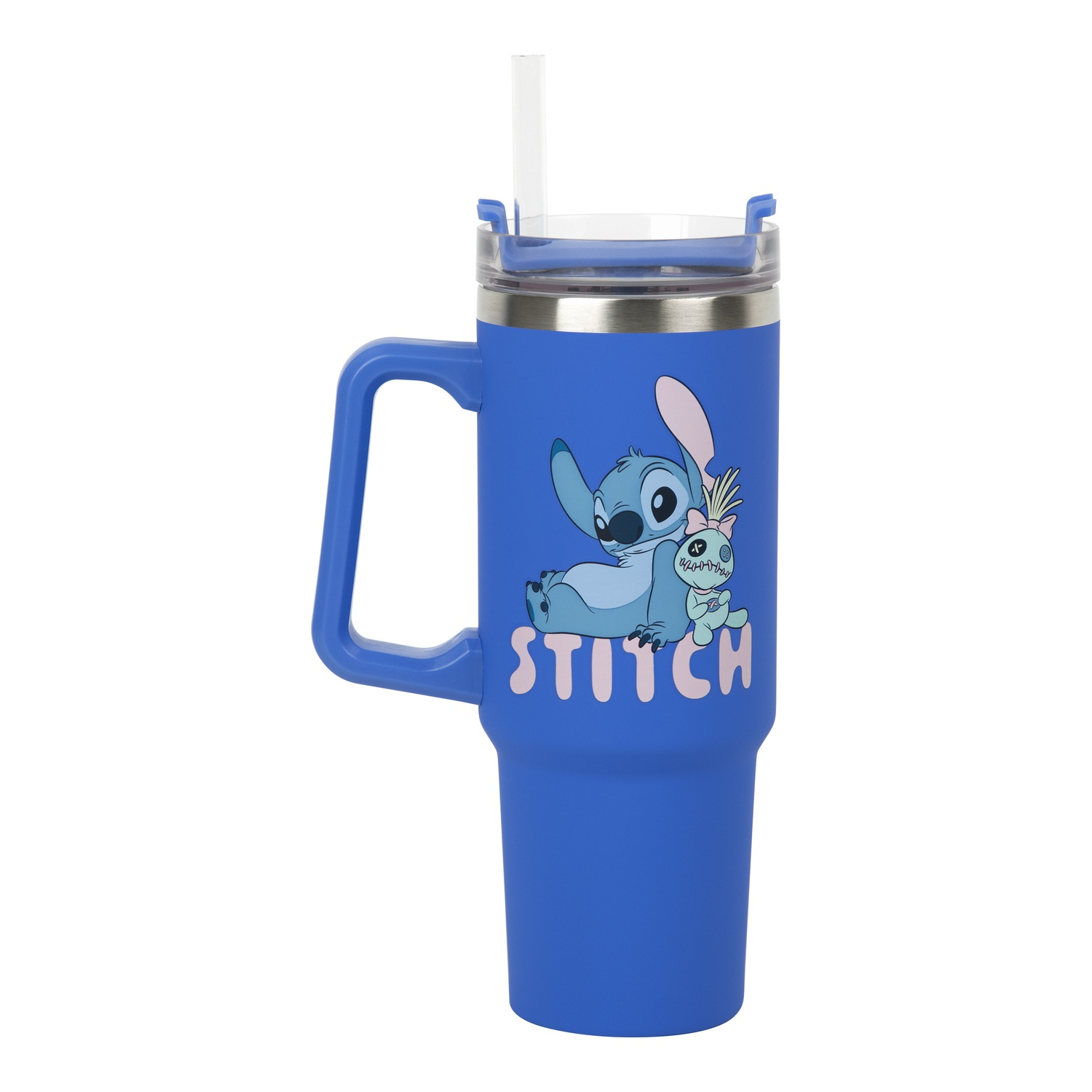 A blue Stitch tumbler with a handle. Stitch is on it with a small doll. The word Stitch is written.