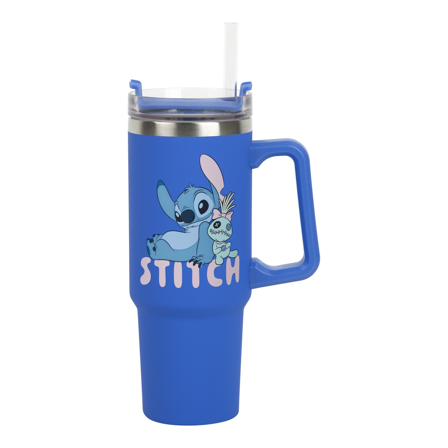 Blue Stitch tumbler with handle, straw and Stitch image on the side.