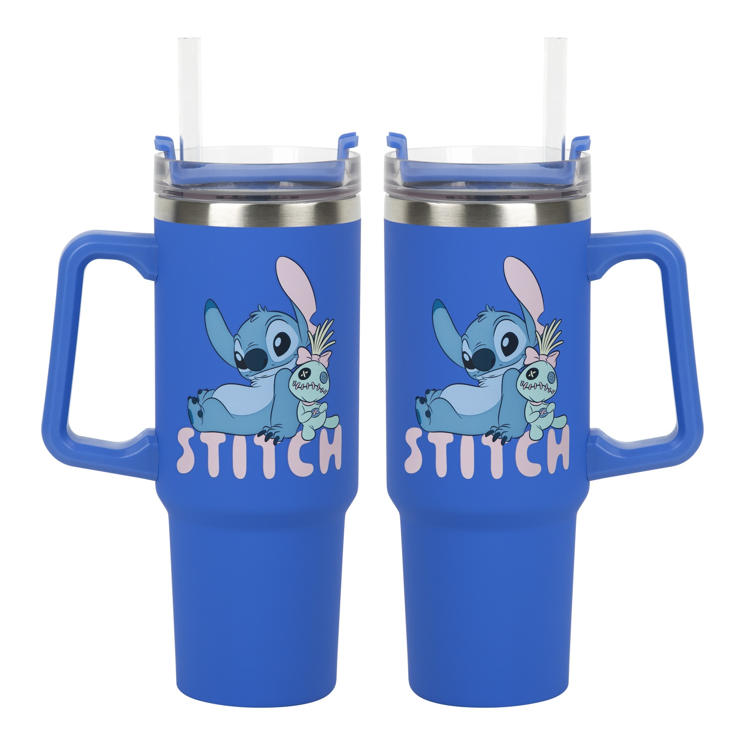 Two blue Stitch tumblers with handles, straws and Stitch image on the side.