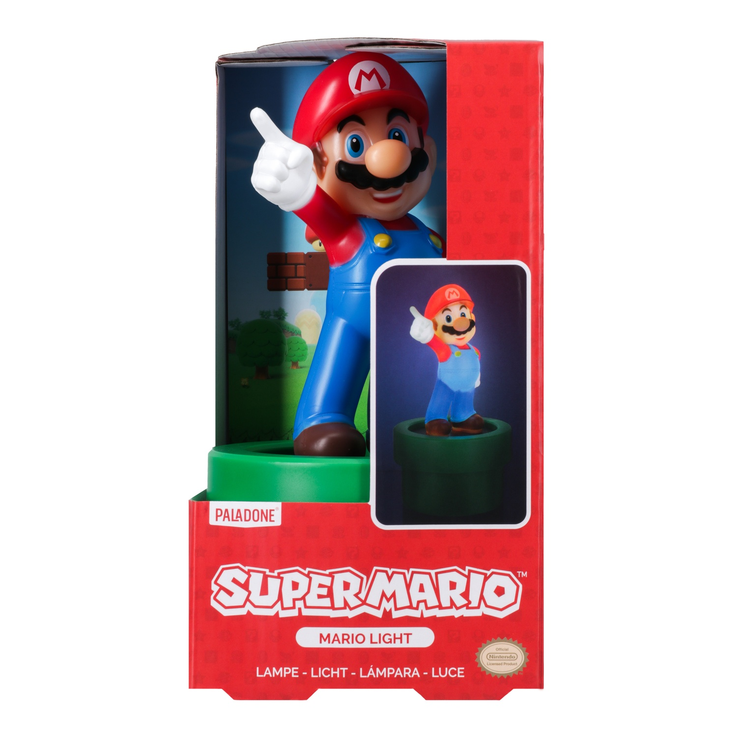 A Super Mario light with Mario figure in a display box against a white background.