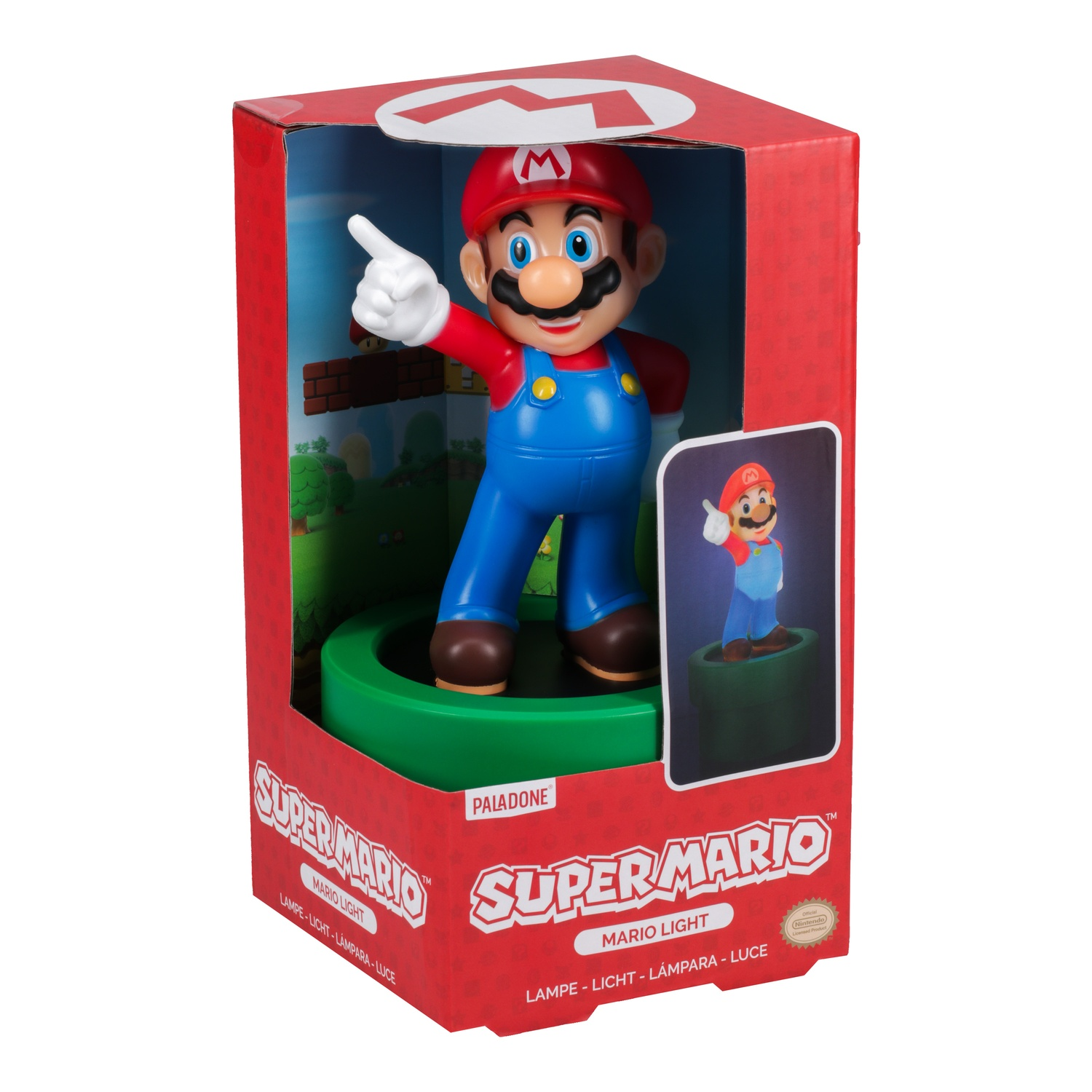 Super Mario figure in a box, red and blue. Mario is pointing forward.