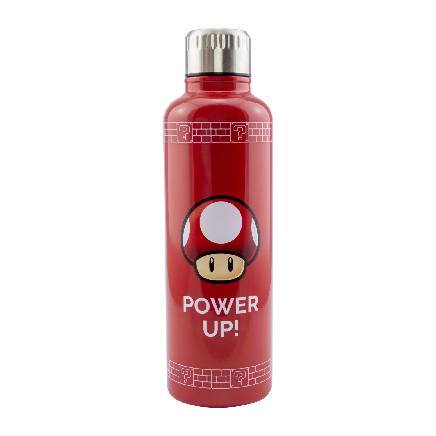 Red Mario water bottle with a mushroom and question mark graphics. White background.