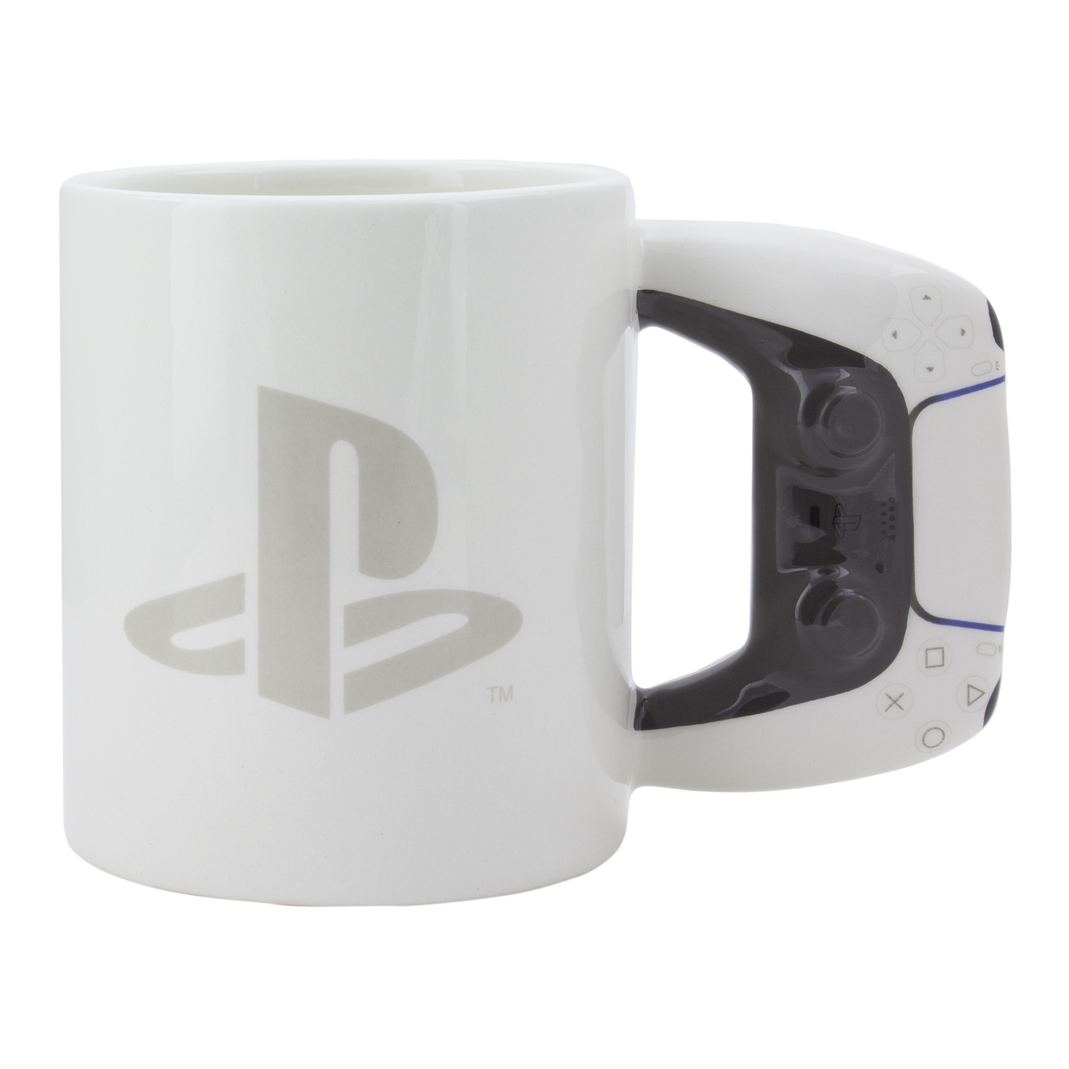 A white coffee mug with the Playstation logo and a controller handle.