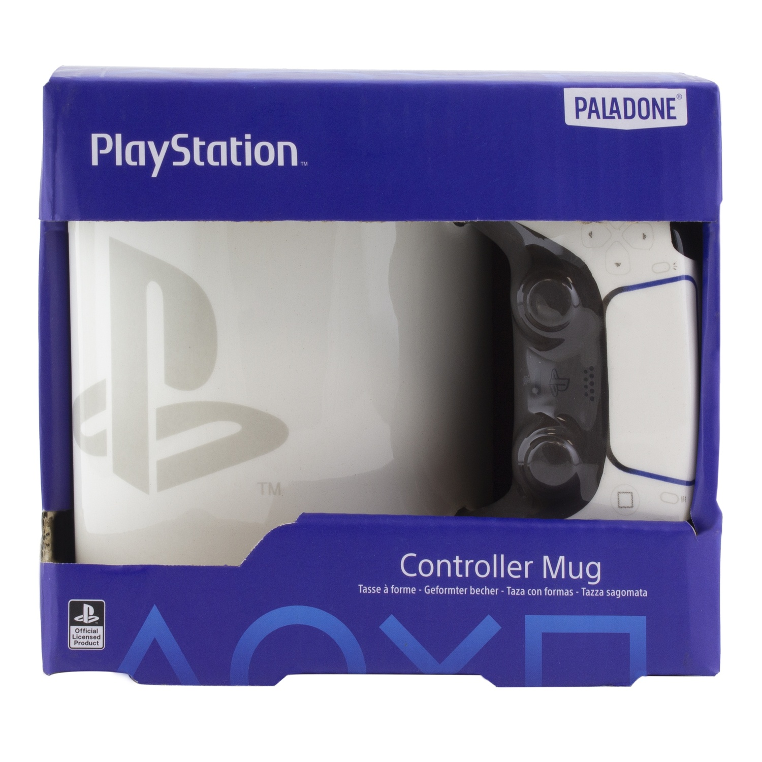 A PlayStation controller mug in its packaging, with the PlayStation logo visible.