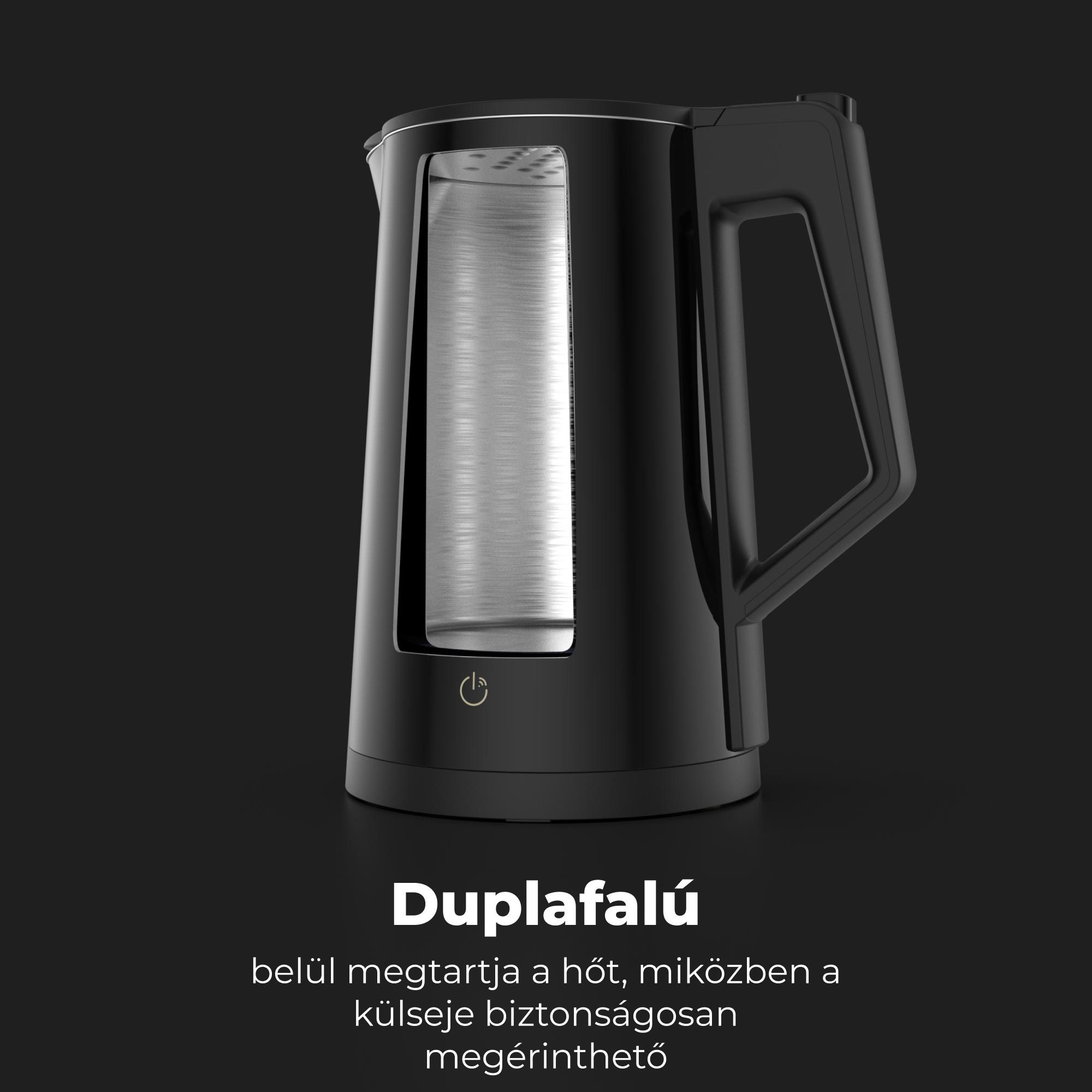 Fekete elektromos vízforraló fém belső résszel, sötét felületen.