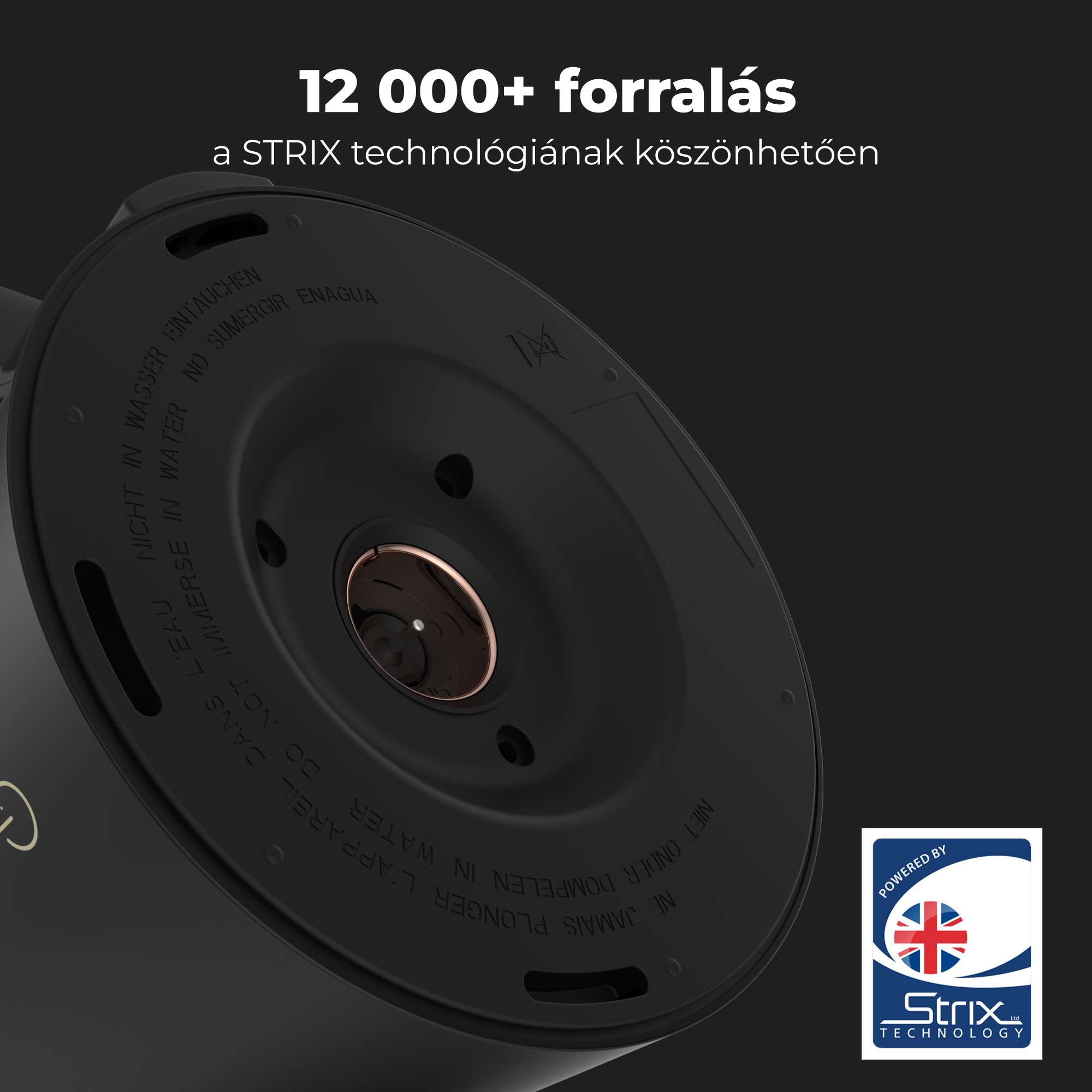 Fekete vízforraló alja szöveggel és a Strix technológia logójával.
