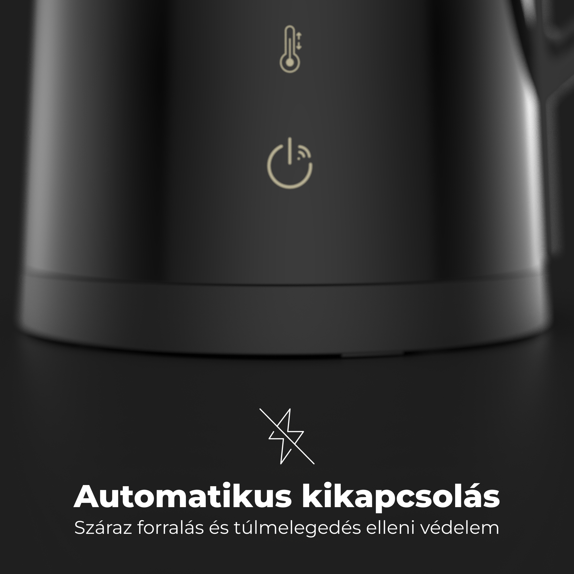 Fekete elektromos vízforraló részlete, bekapcsolás és hőmérséklet ikonokkal, magyar szöveggel.