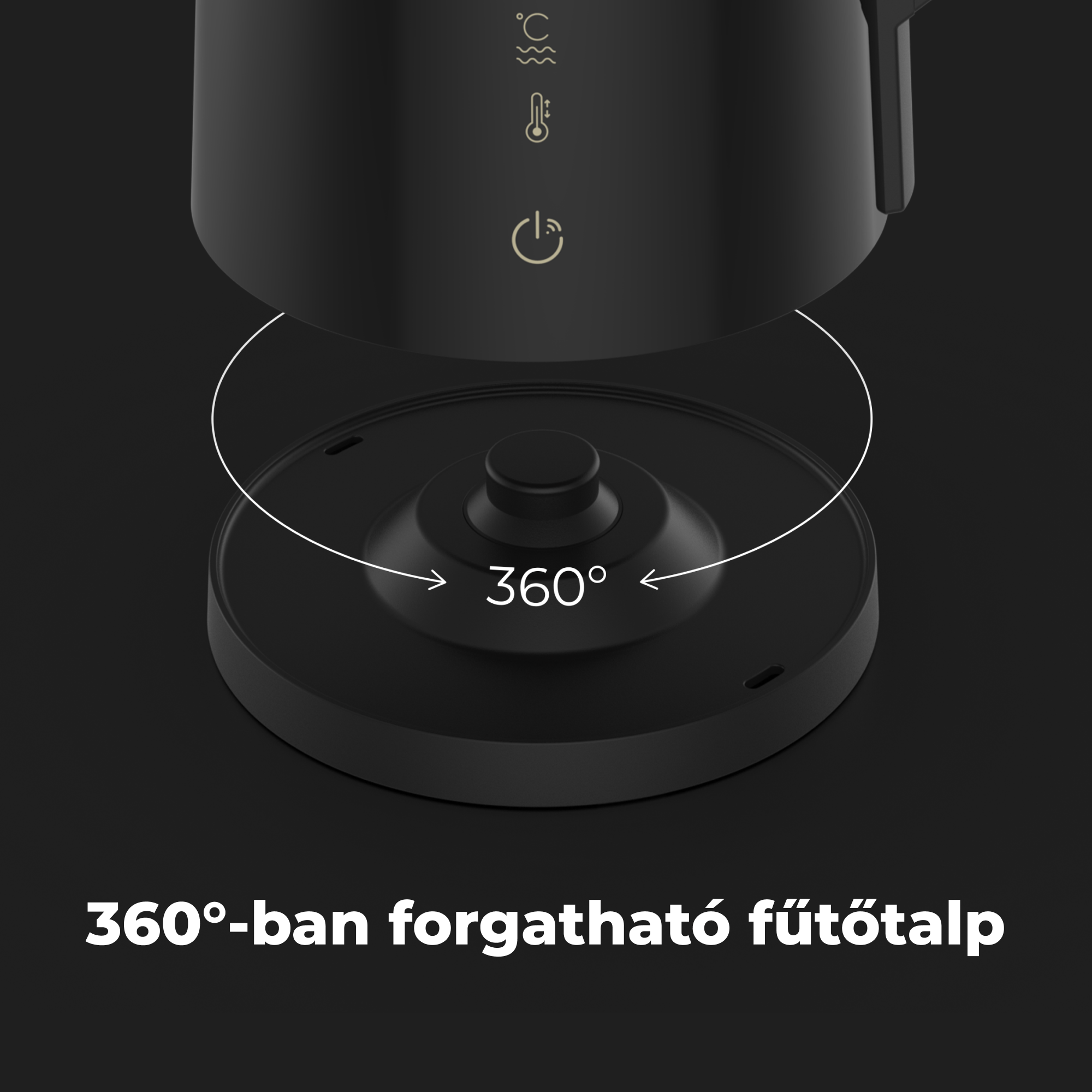 Fekete vízforraló talp 360 fokban forgatható talppal és jelzőkkel.