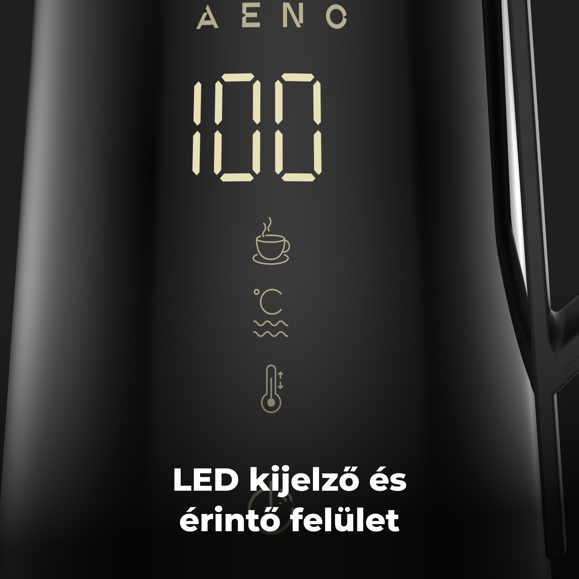 Fekete vízforraló digitális kijelzővel, 100-as számmal, ikonokkal és érintőfelülettel.