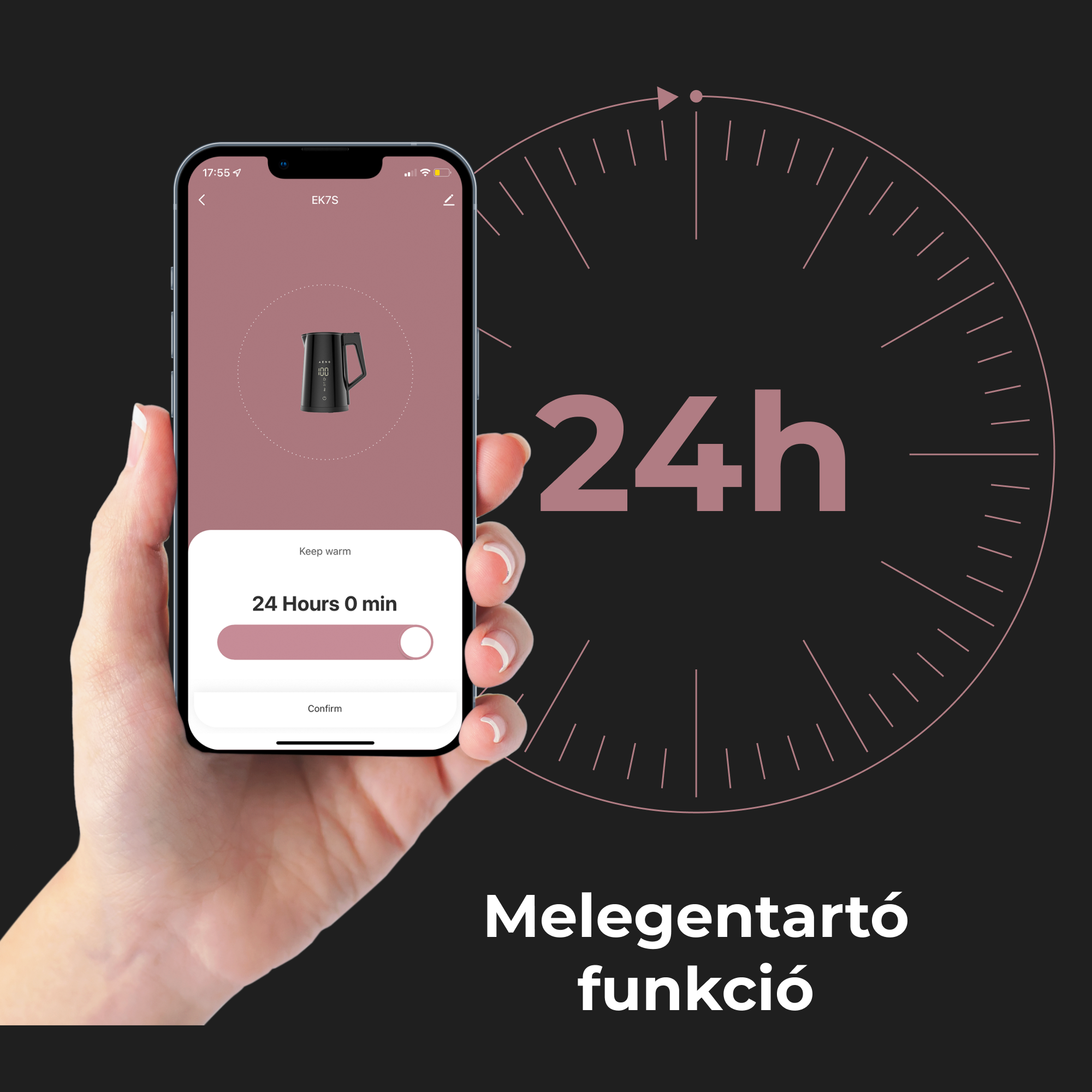 Egy telefon rózsaszín képernyőt mutat, vízforraló képével és szöveggel.