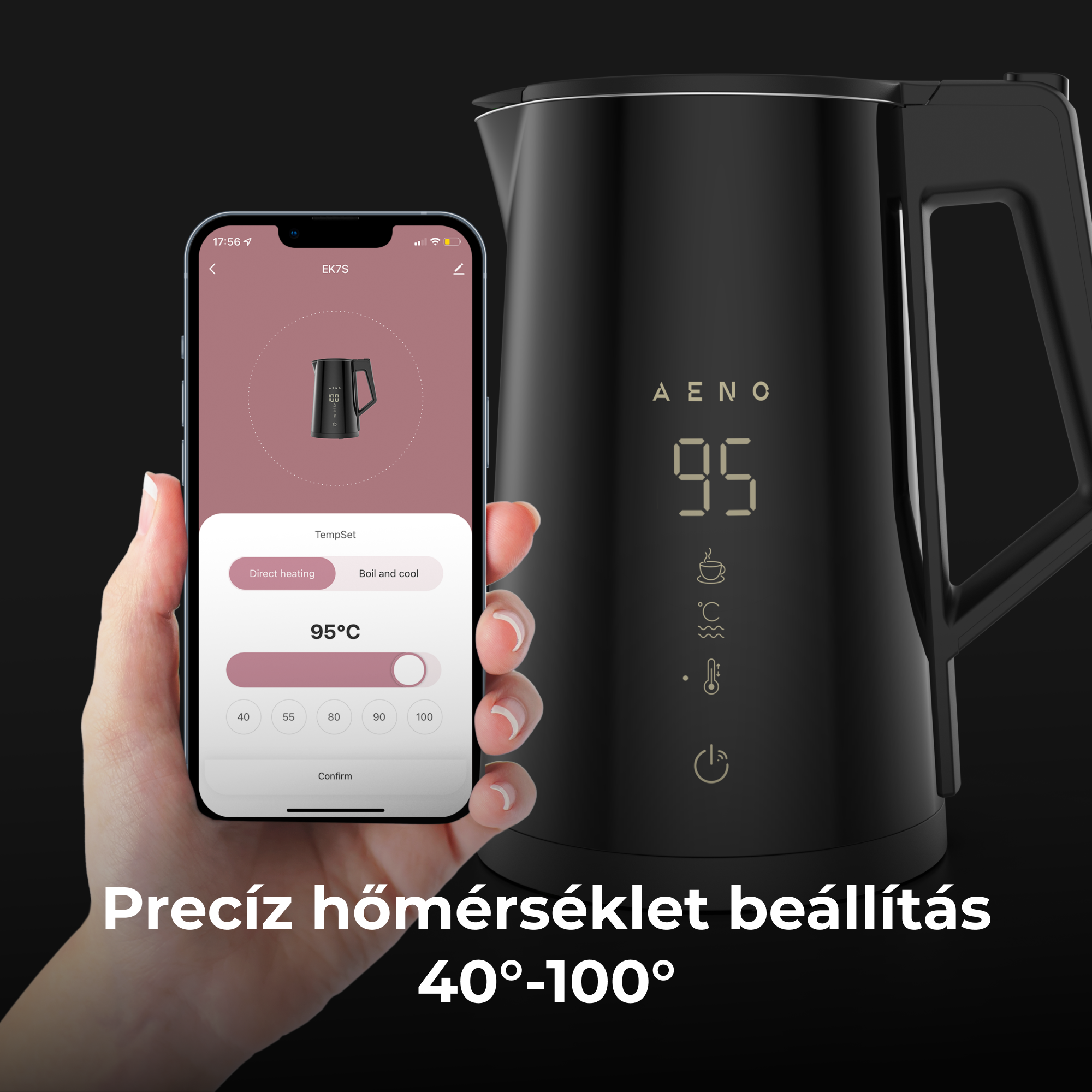 Egy kéz, amely egy telefont tart, amely egy fekete vízforraló felületét mutatja hőmérséklet-szabályozással.